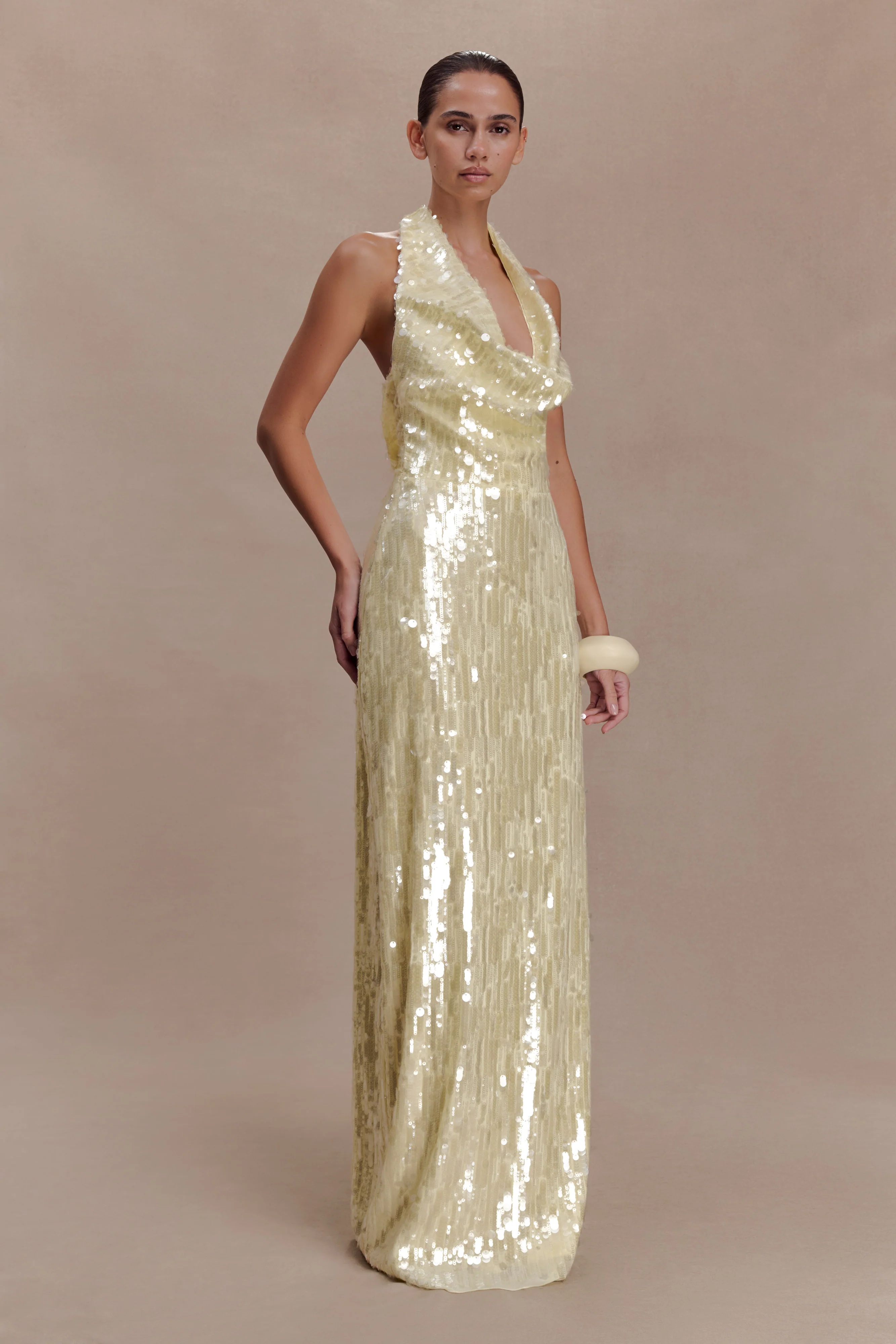 Gertrud Sequin Halter Maxi Dress - Lemon - Image 3