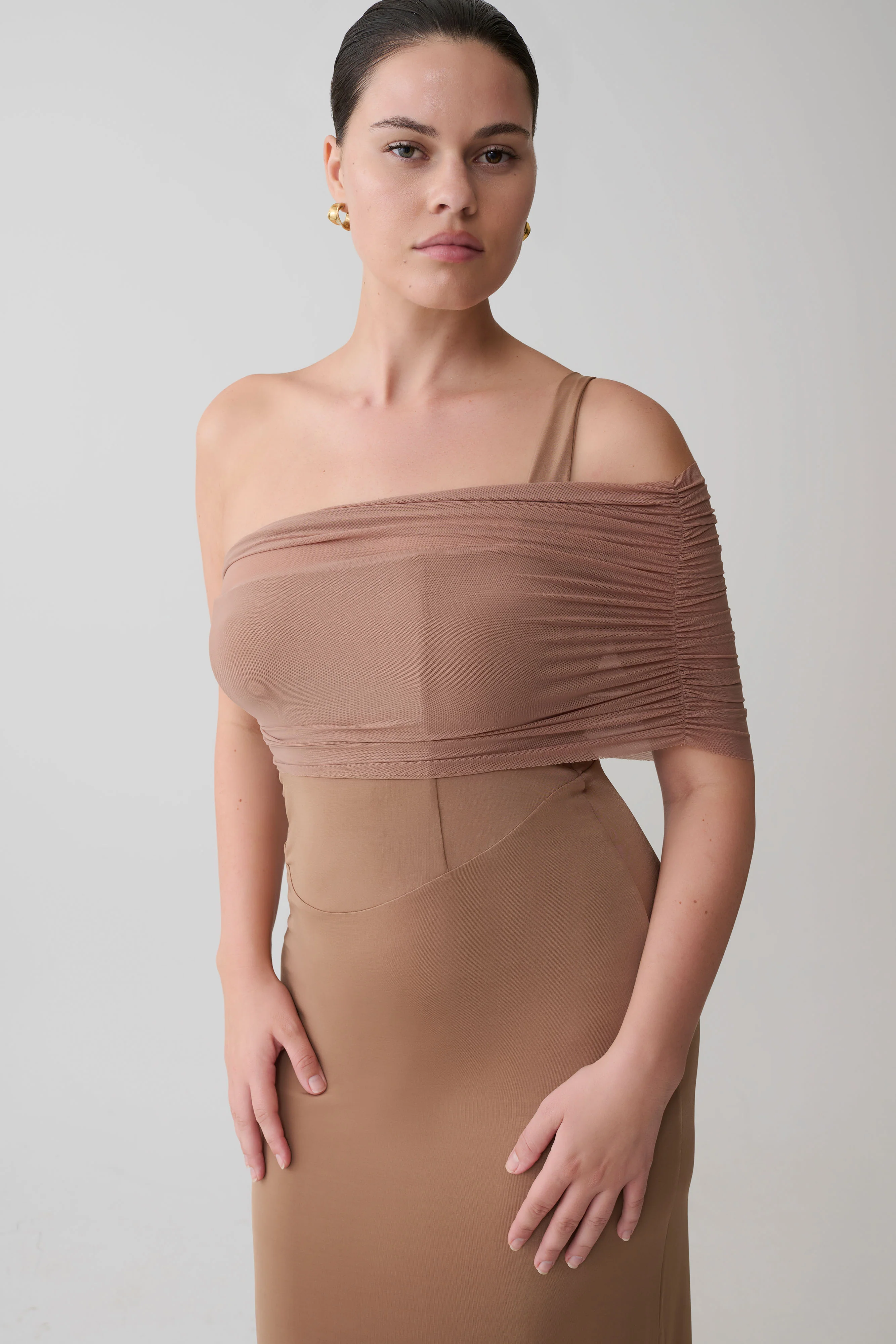 Hanh One Shoulder Mesh Maxi Dress - Tan - Image 3