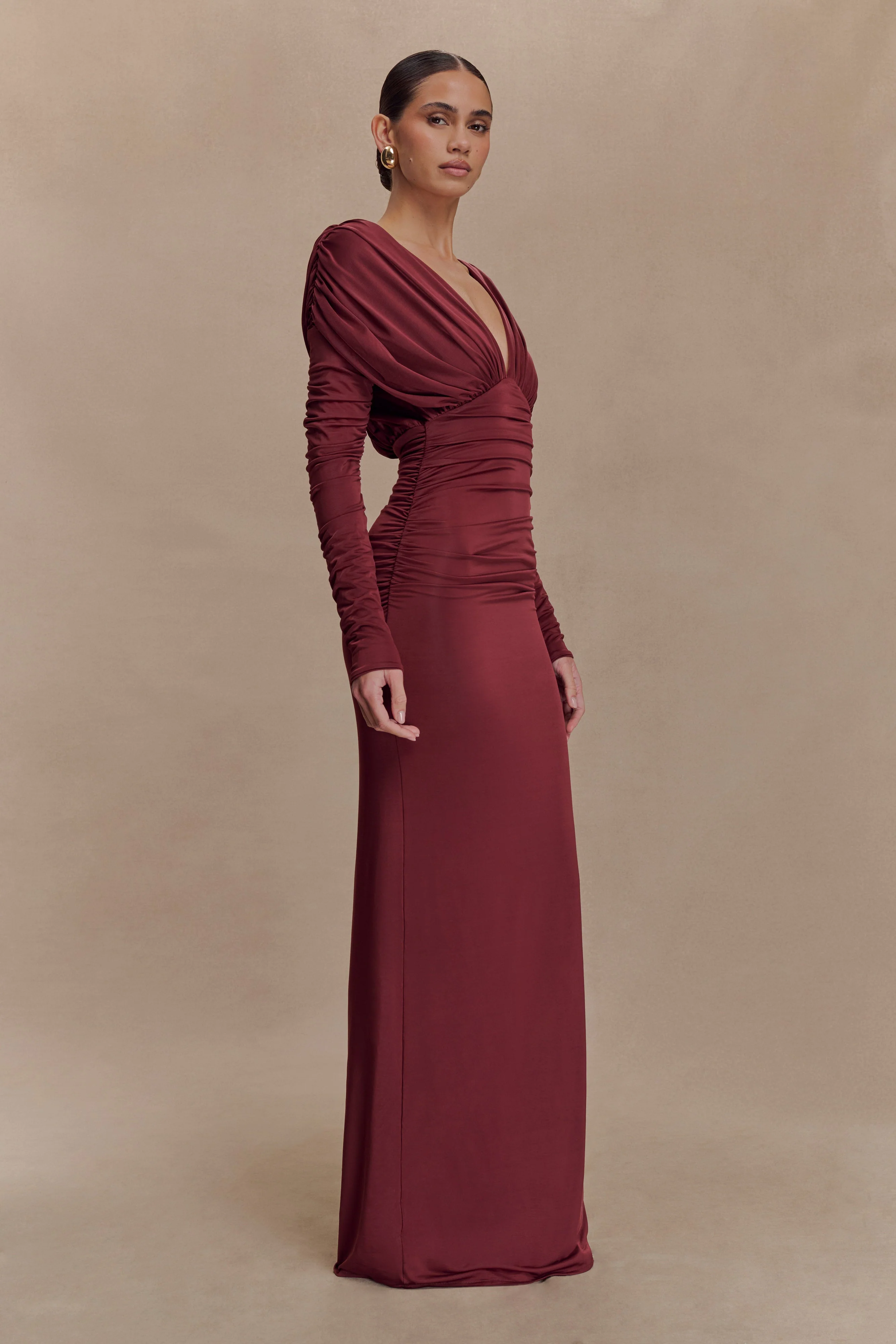 Hayden Long Sleeve Plunge Maxi Dress - Wine - Image 4