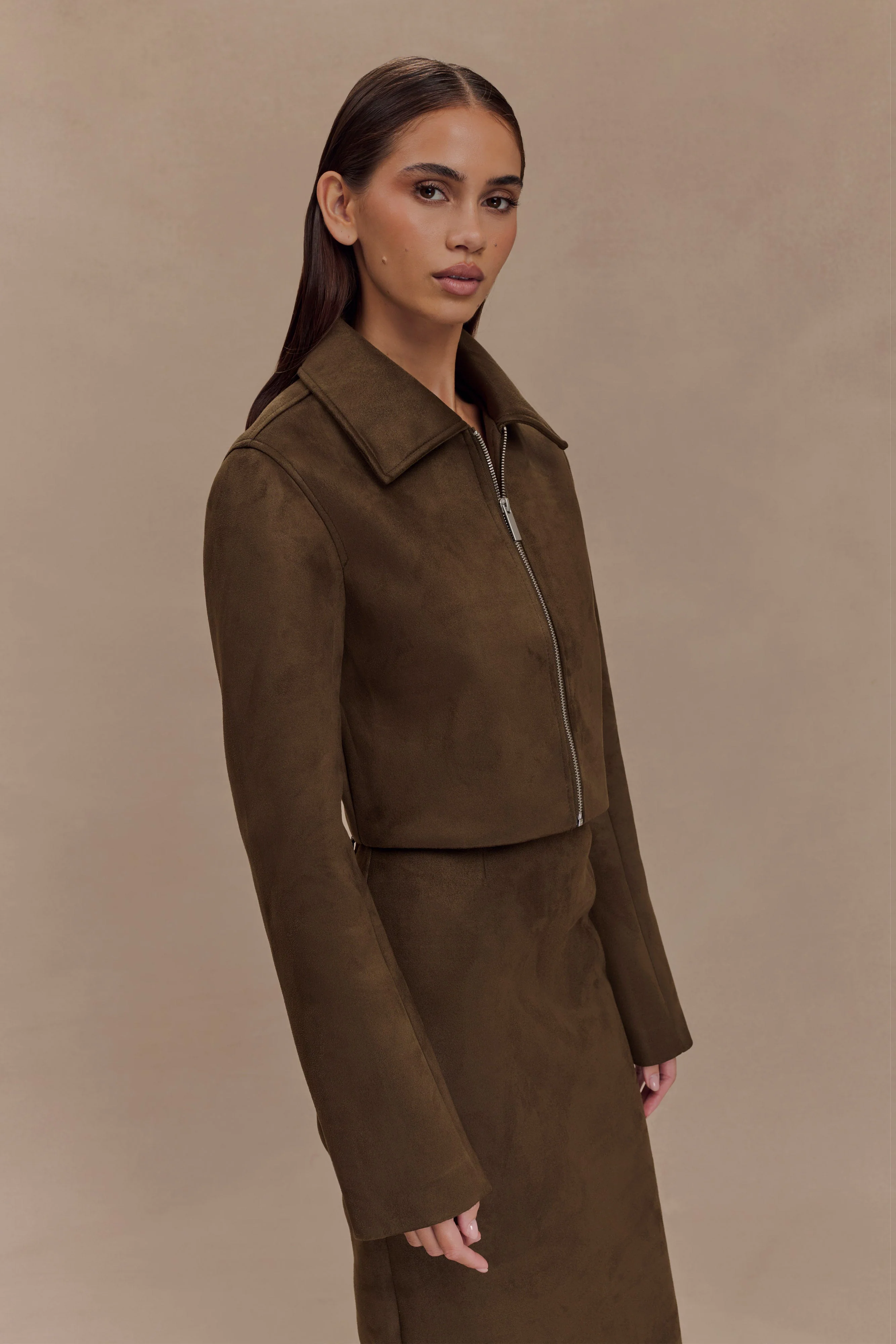Hayes Faux Suede Collared Jacket - Chocolate - Image 5