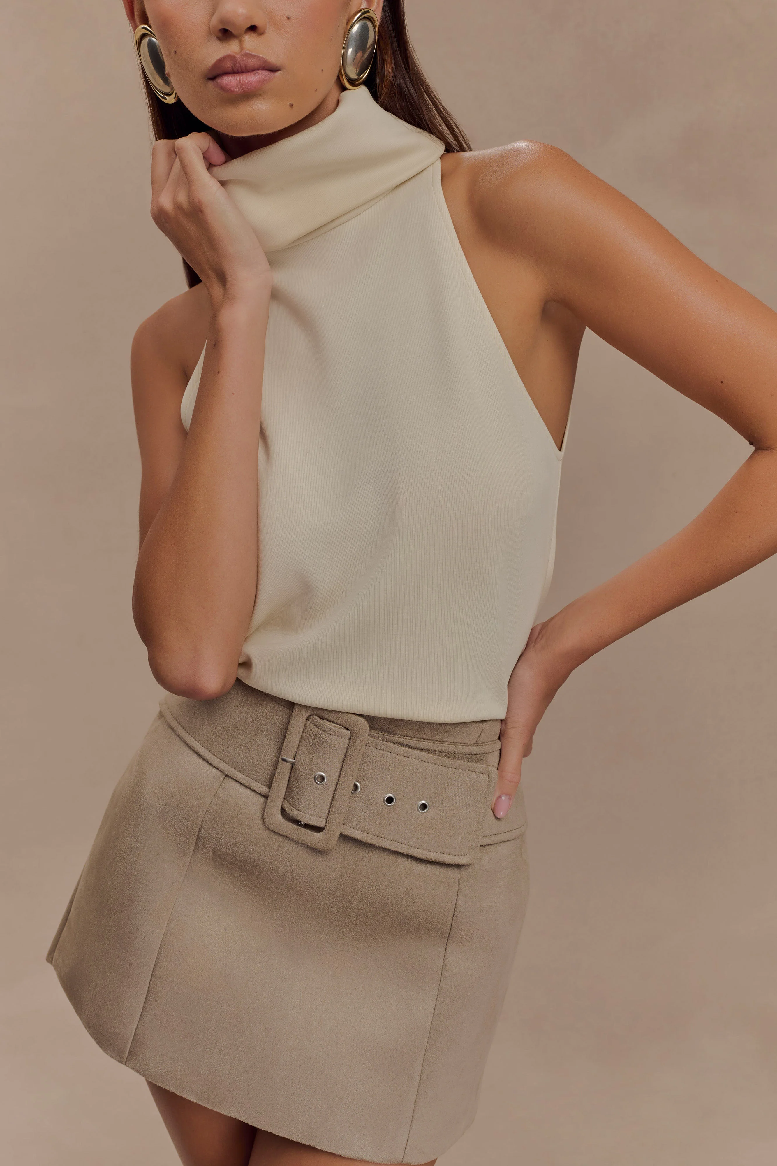 Hayes Faux Suede Belted Mini Skirt - Sand - Image 3