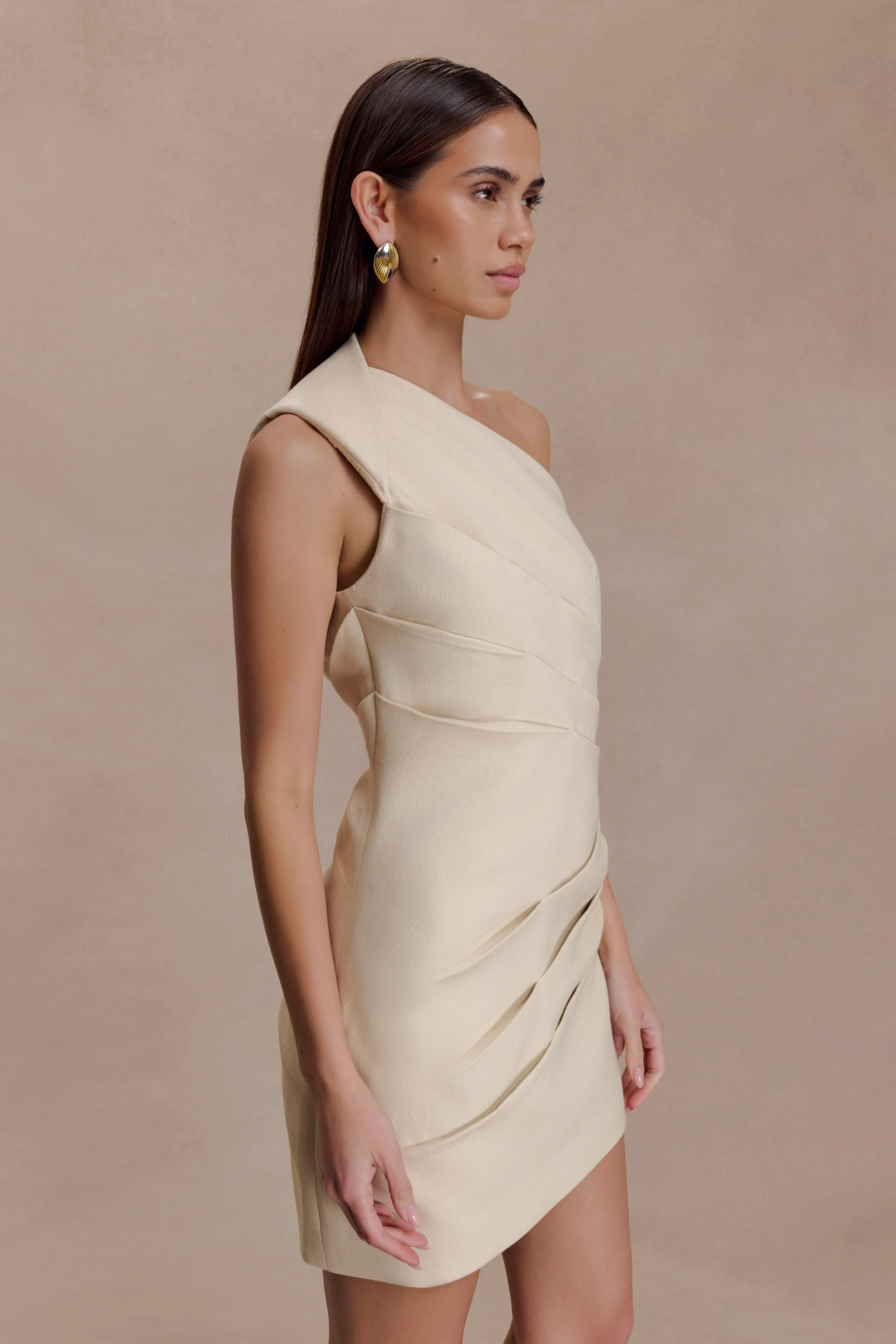 Helena One Shoulder Linen Mini Dress - Natural Beige - Image 4