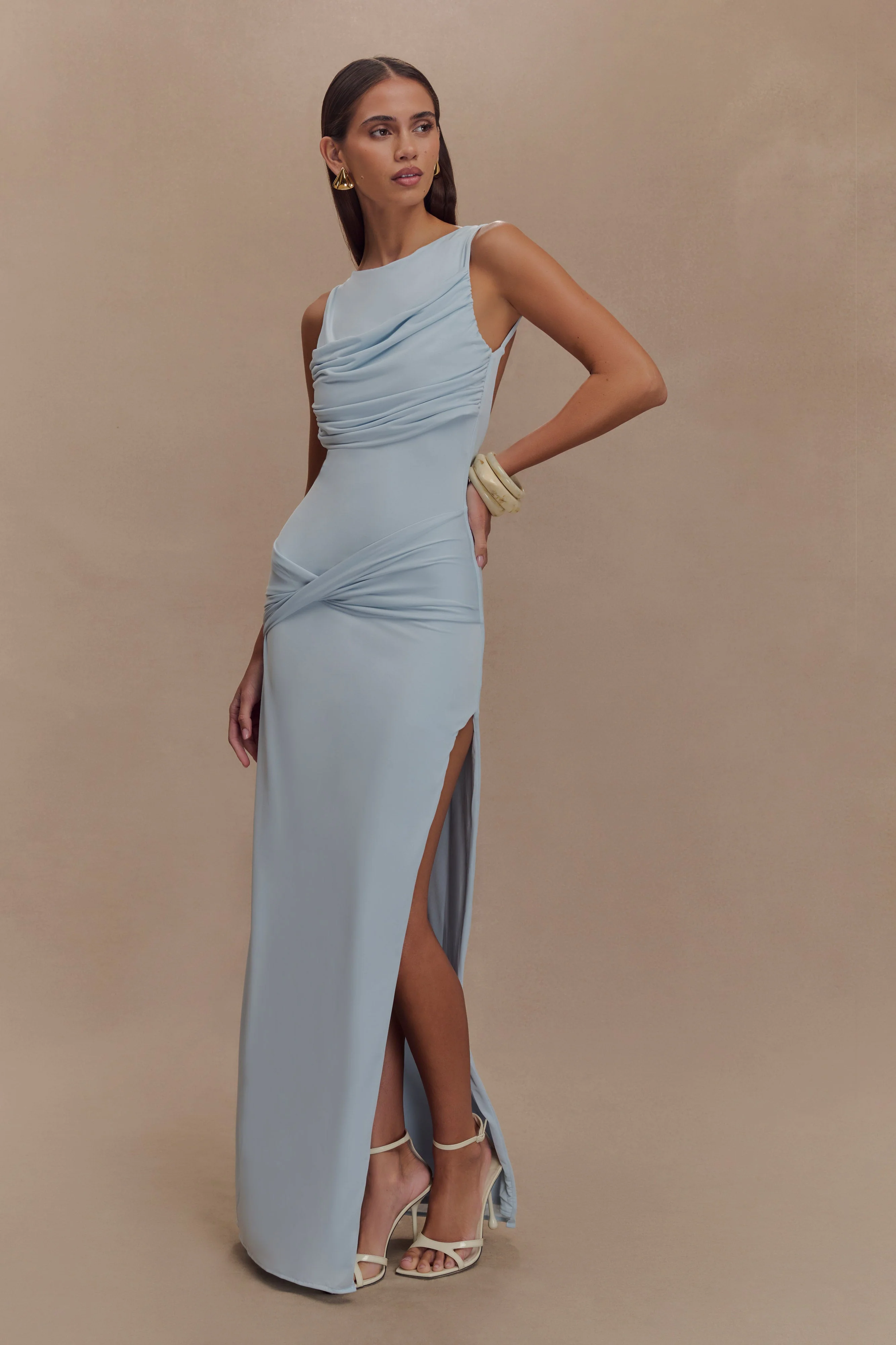 Henley Slinky Drape Maxi Dress - Pale Blue - Image 3