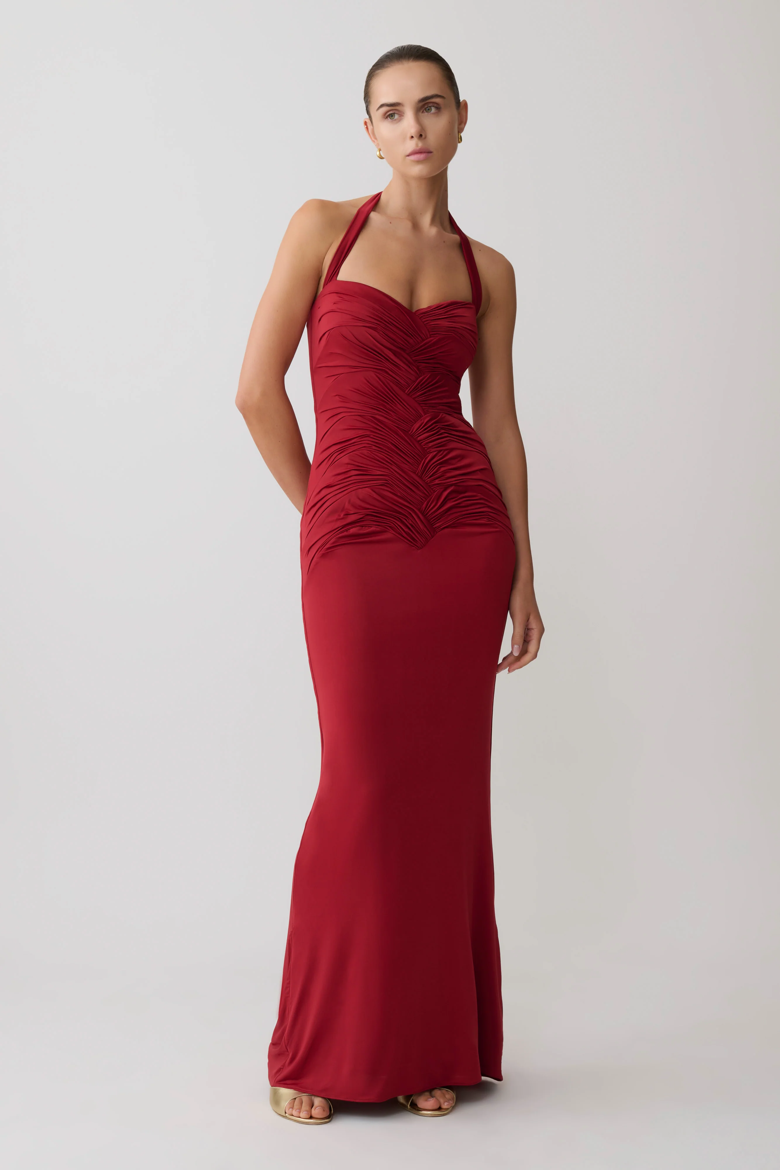 Hoai Gathered Slinky Halter Maxi Dress - Deep Red - Image 4