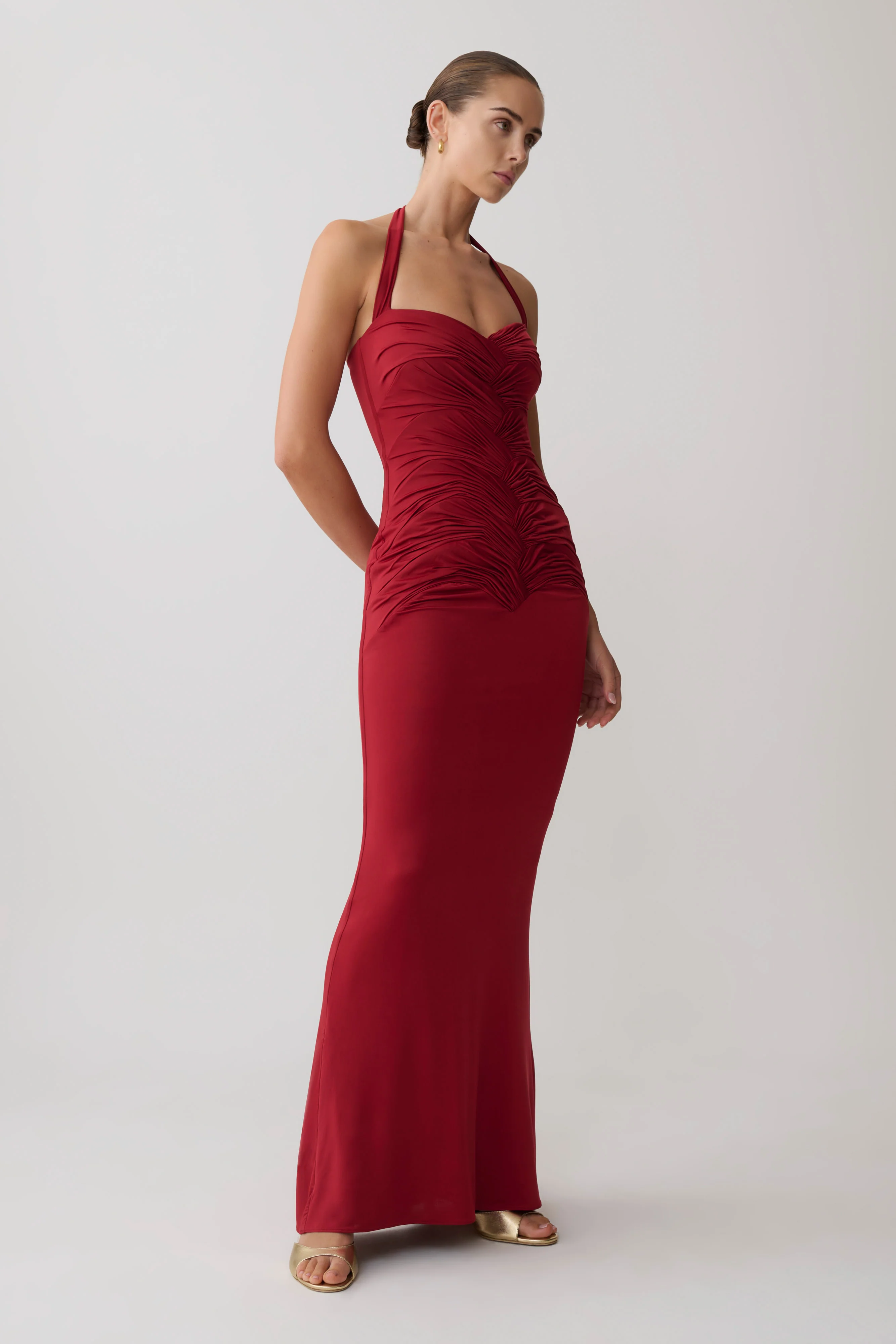 Hoai Gathered Slinky Halter Maxi Dress - Deep Red - Image 5