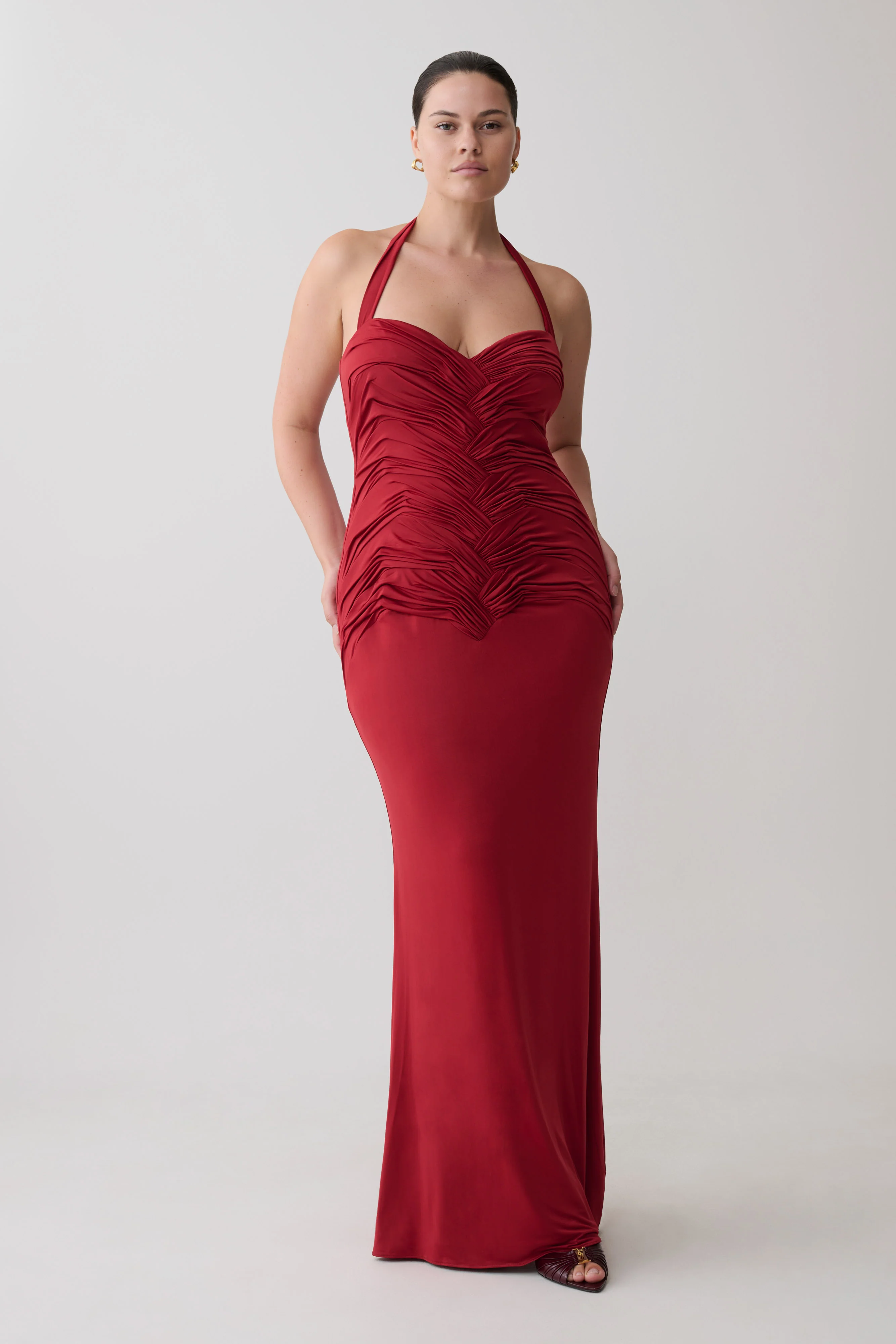 Hoai Gathered Slinky Halter Maxi Dress - Deep Red - Image 7