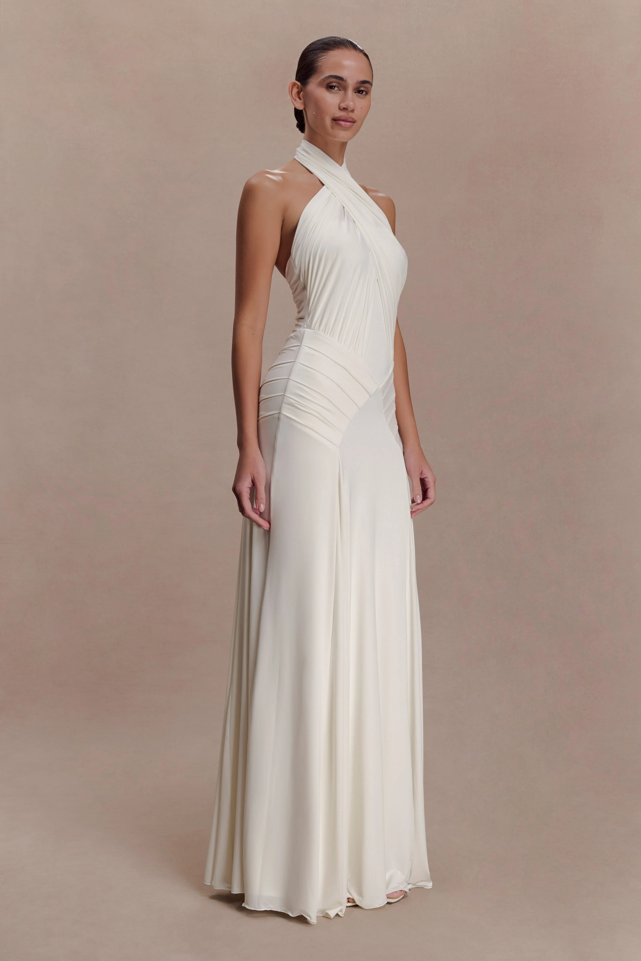 Indira Gathered Slinky Halter Maxi Dress - Ivory - Image 4