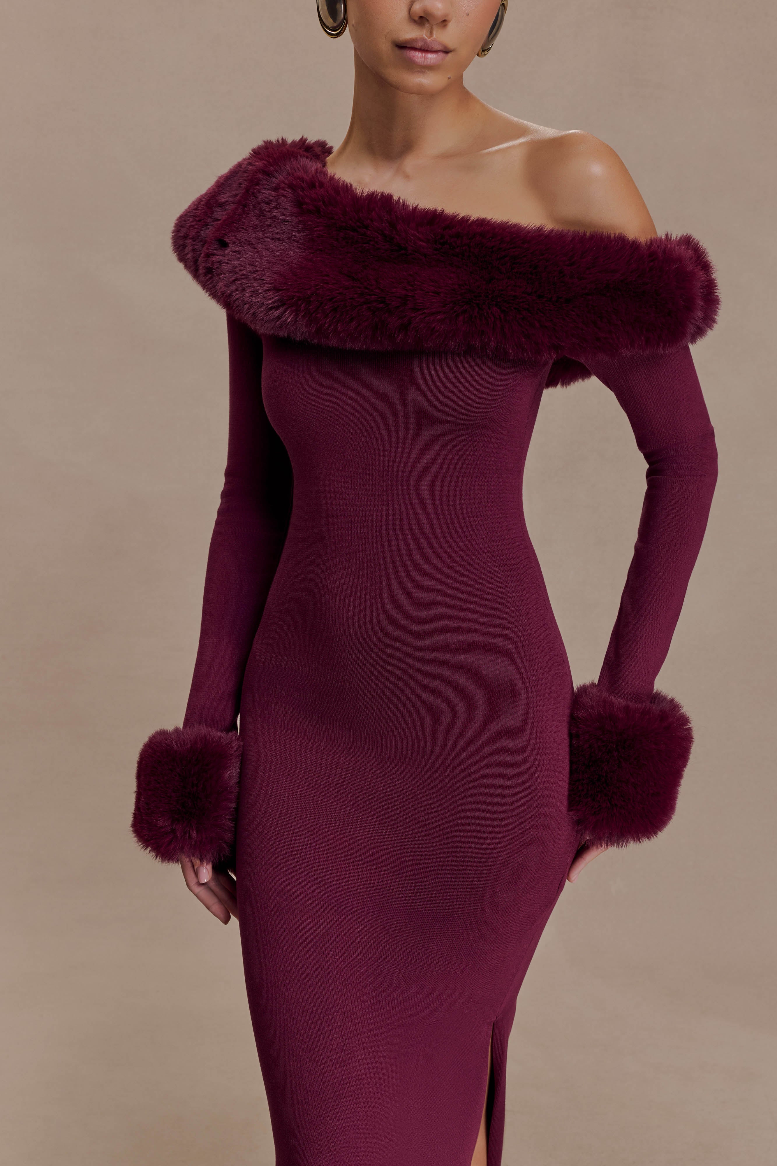 Karleigh Faux Fur Knit Maxi Dress - Plum - Image 3