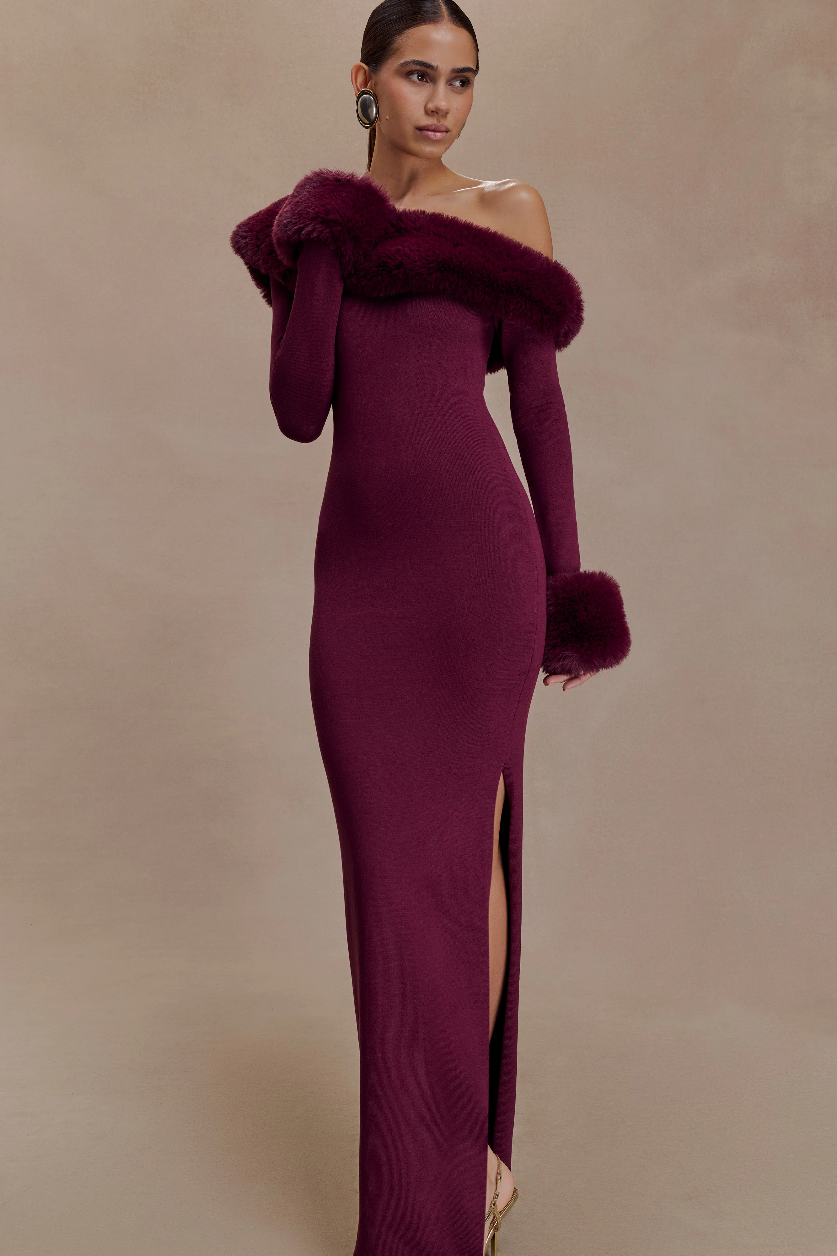 Karleigh Faux Fur Knit Maxi Dress - Plum - Image 6