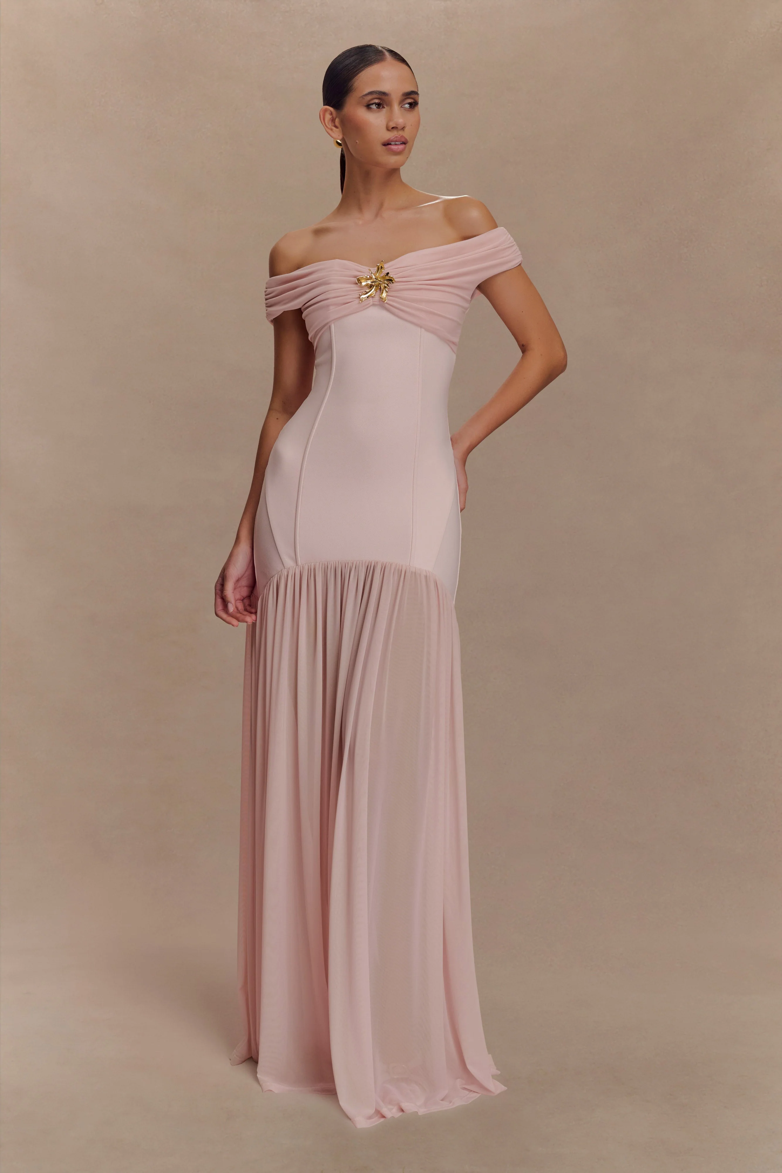 Kellie Off Shoulder Crepe Maxi Dress - Blush Pink - Image 5