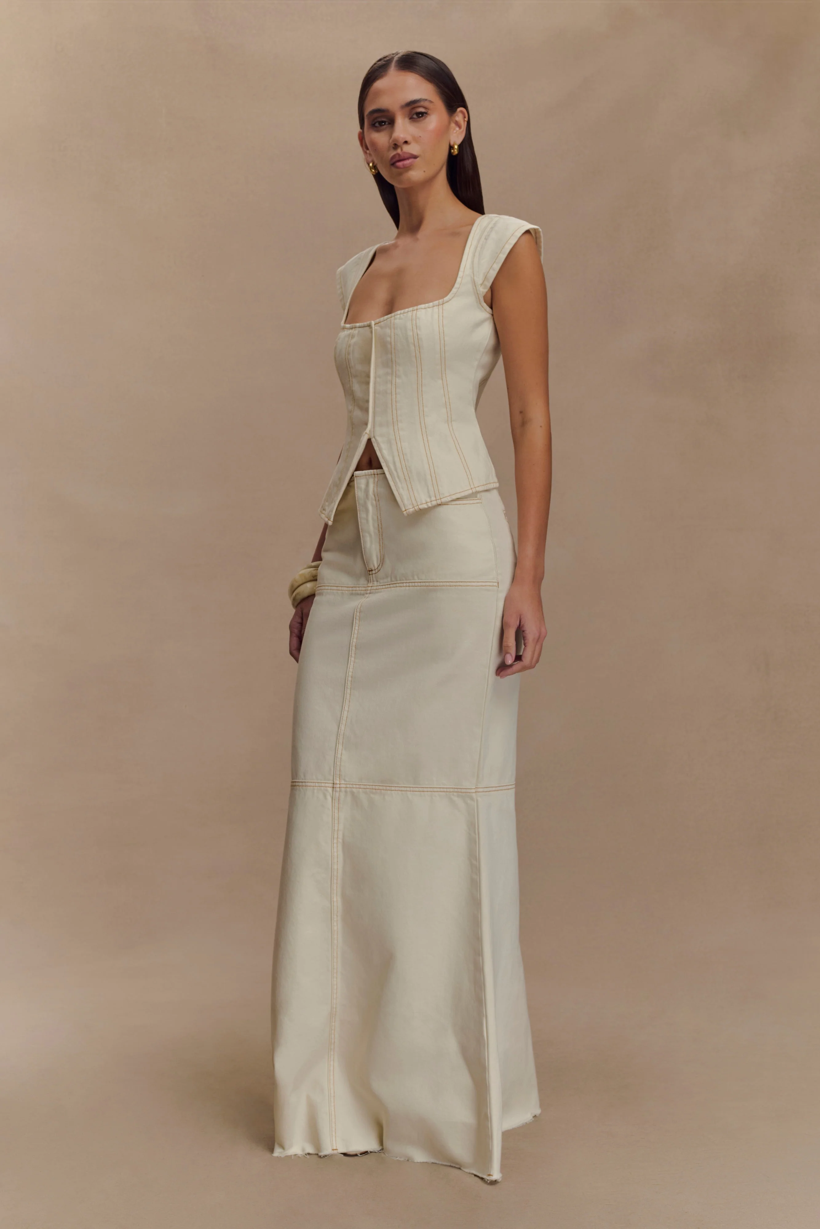 Loretta Cap Sleeve Denim Top - Ecru - Image 4