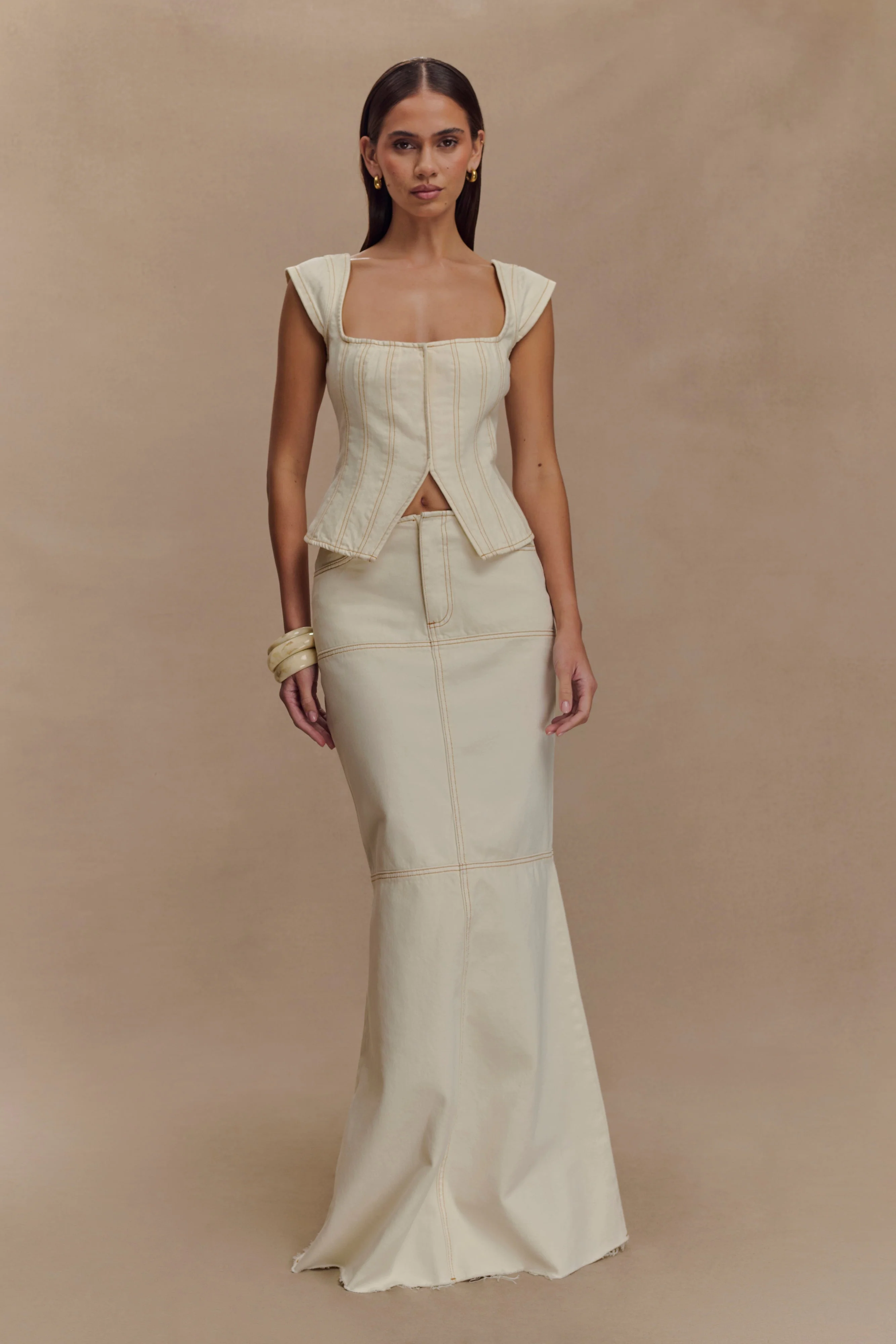 Loretta Cap Sleeve Denim Top - Ecru - Image 5