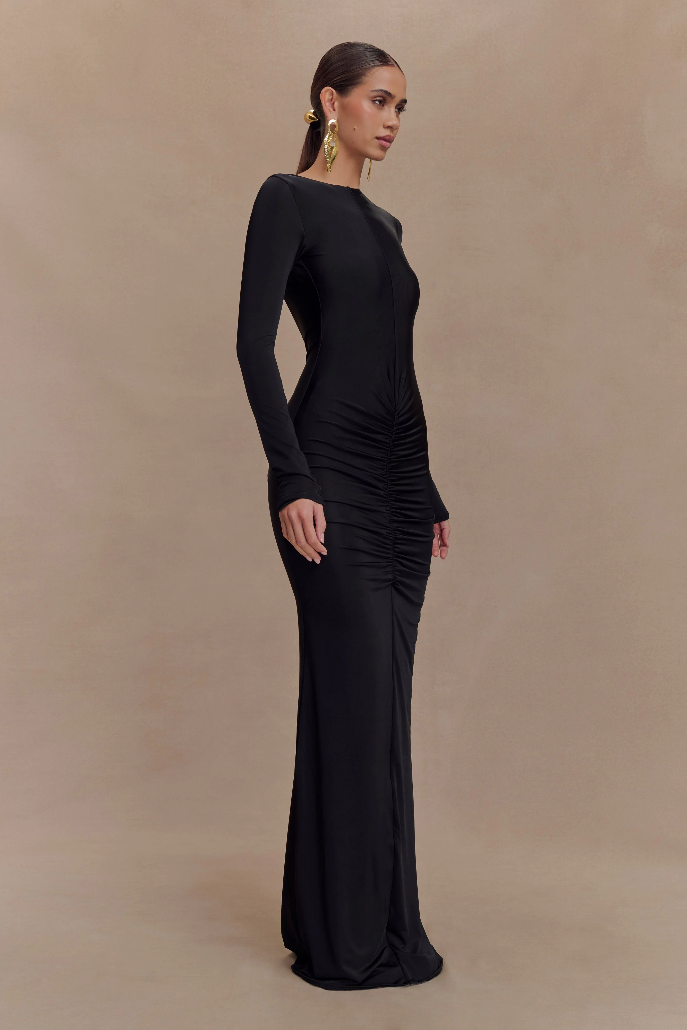 Louisa Long Sleeve Slinky Maxi Dress - Black - Image 4