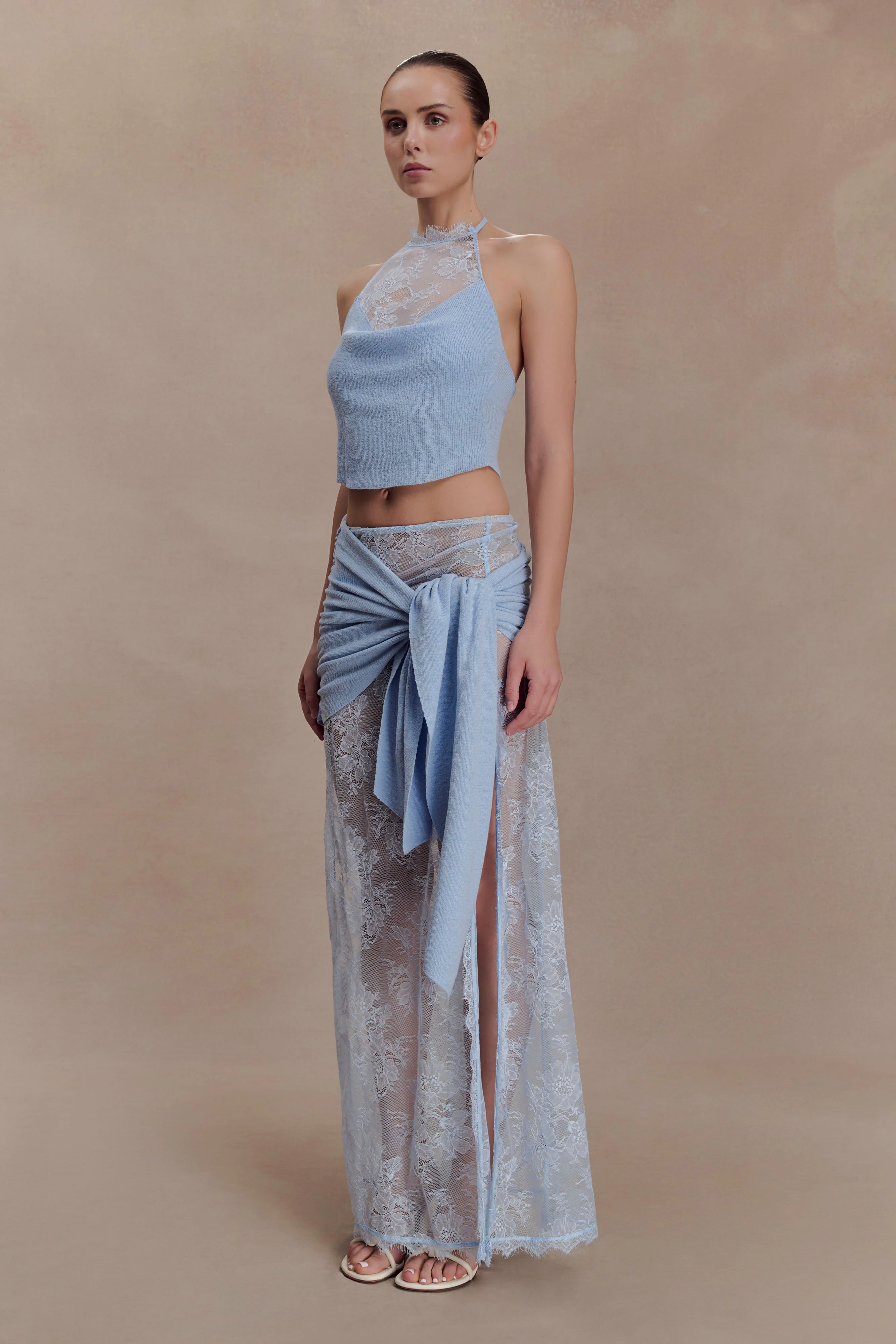 Lucy Lace And Knit Halter Top - Cornflower Blue - Image 4