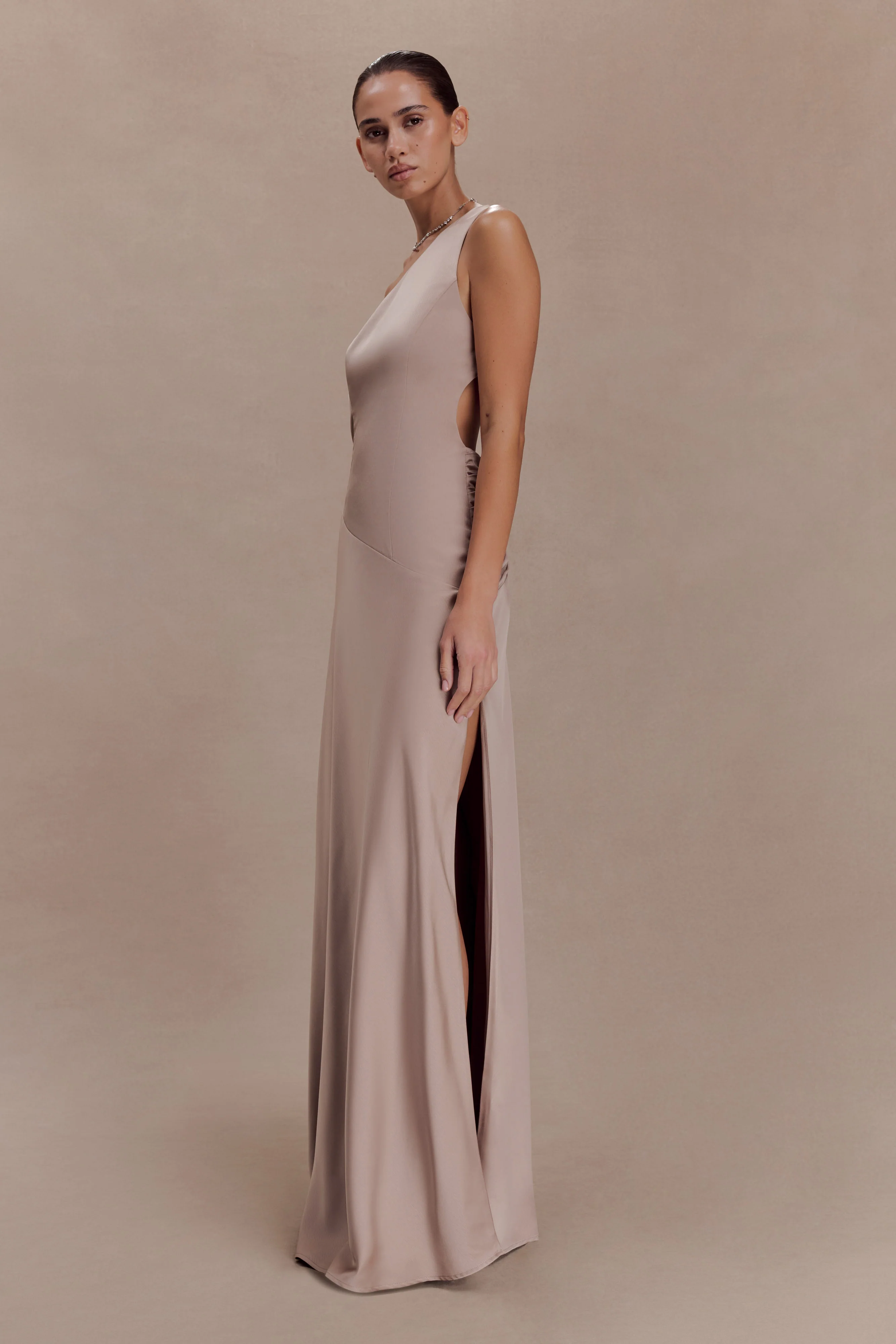 Lyla Asymmetrical Satin Maxi Dress - Bronze Taupe - Image 3