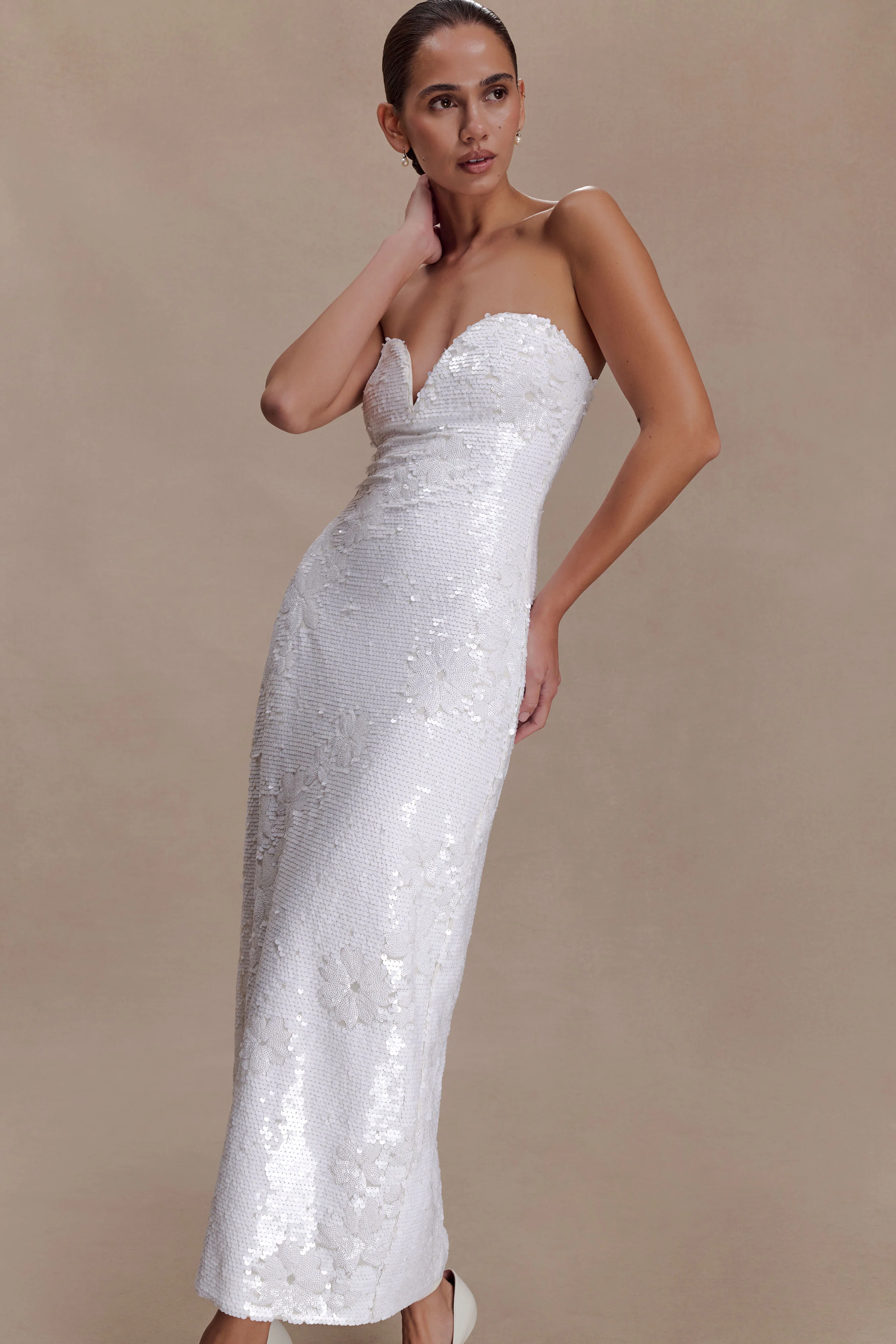 Maisie Strapless Sequin Midi Dress - White - Image 3