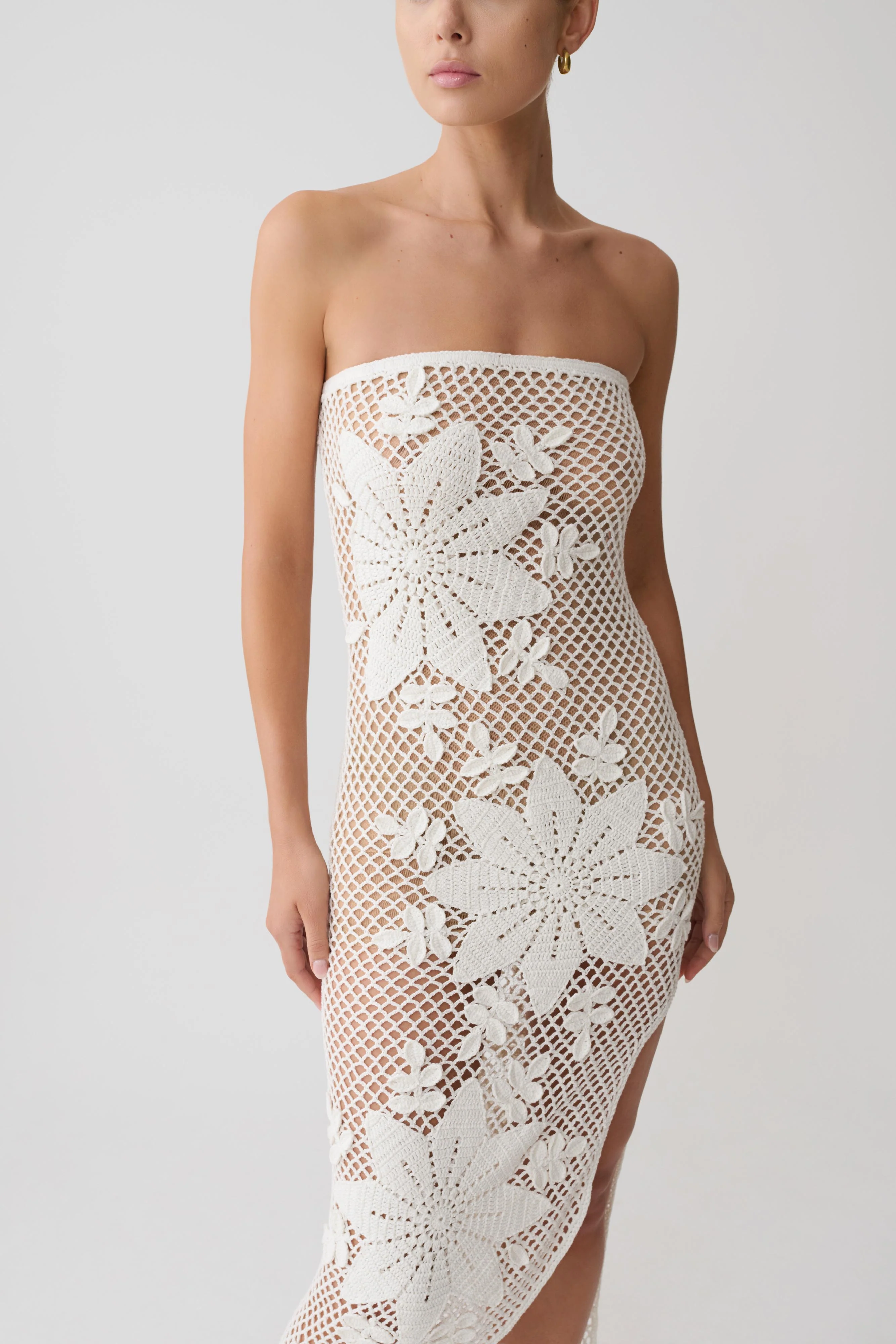 Mandie Hand Crochet Asymmetrical Maxi Dress - White - Image 4
