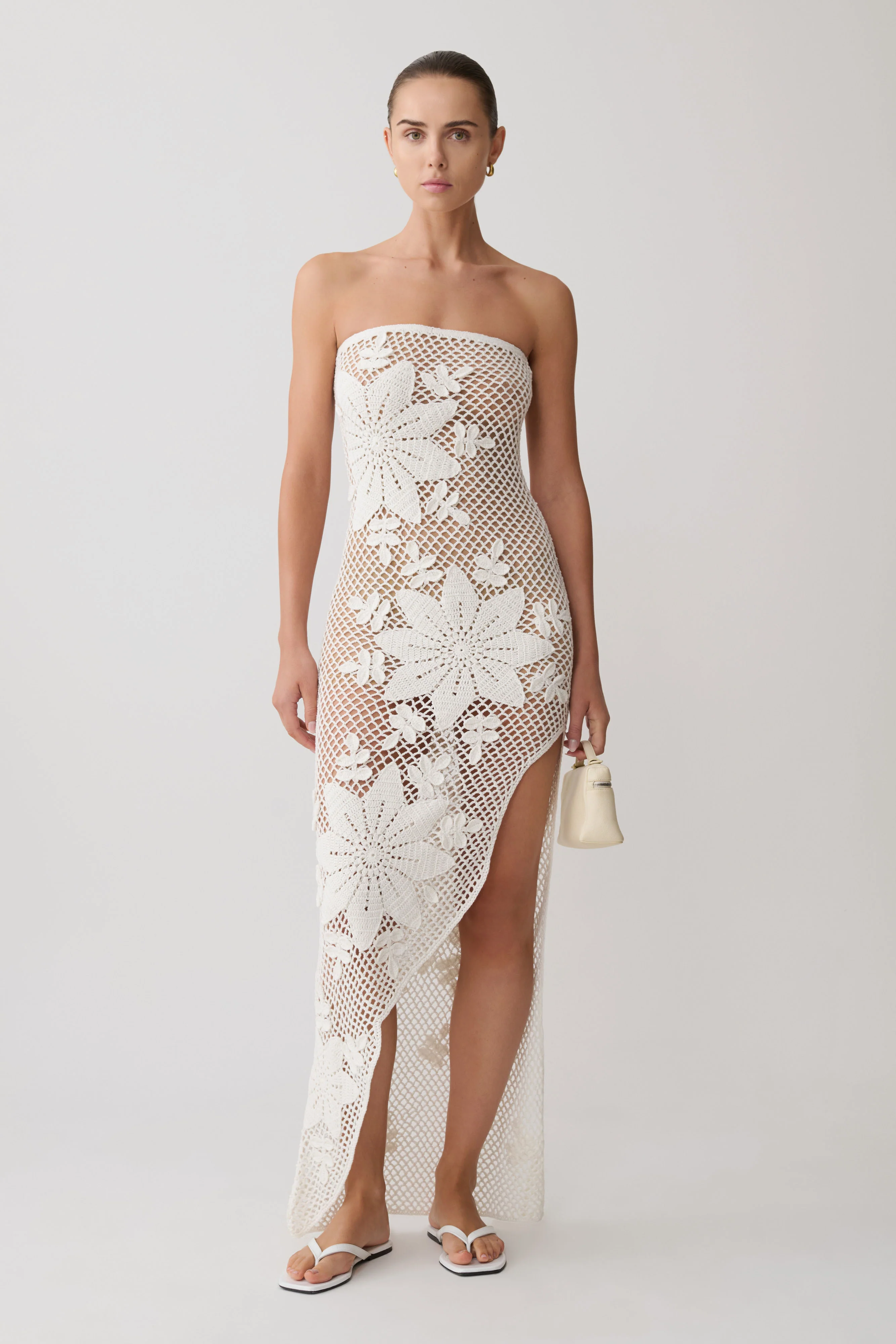 Mandie Hand Crochet Asymmetrical Maxi Dress - White - Image 5