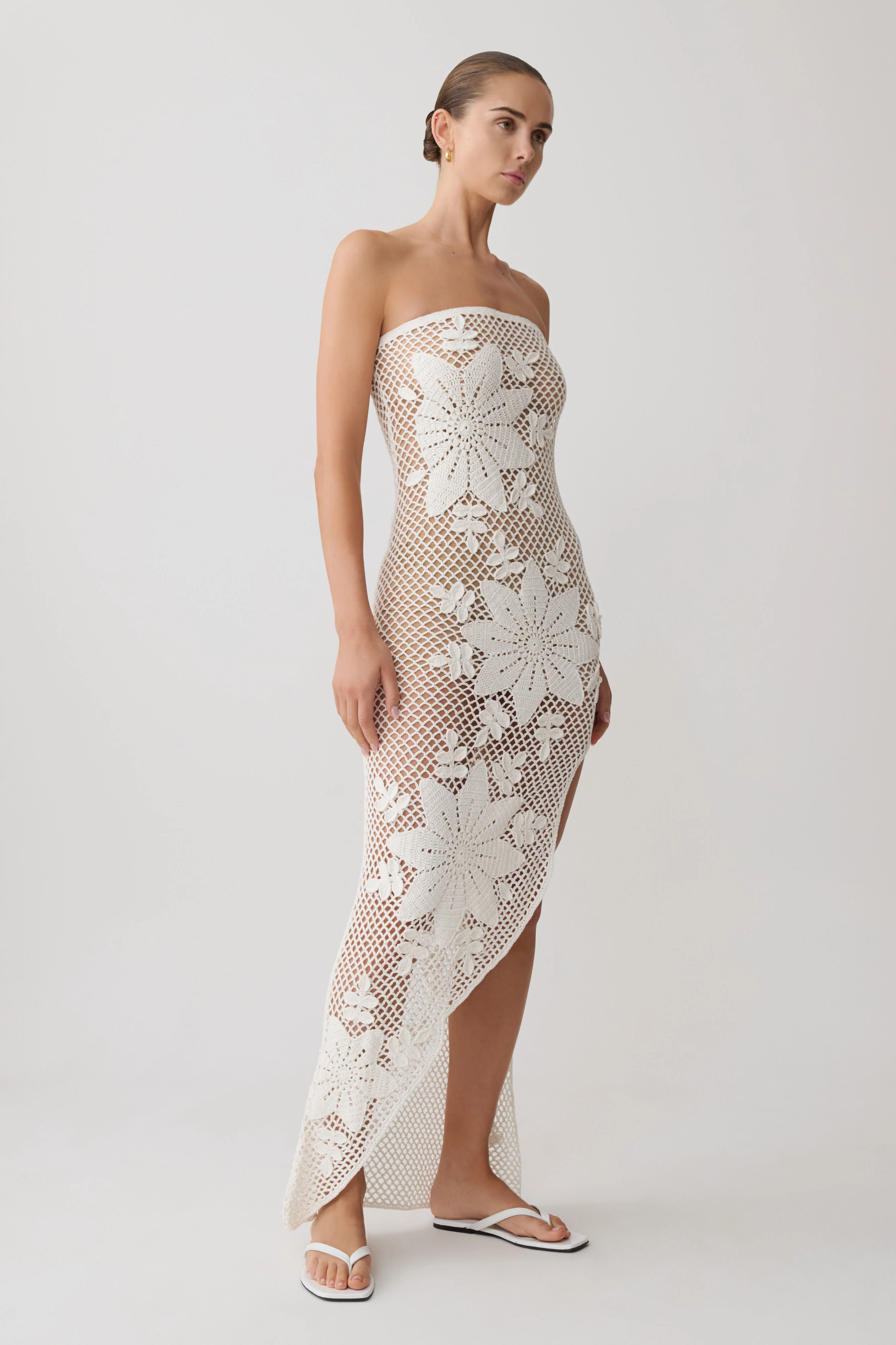 Mandie Hand Crochet Asymmetrical Maxi Dress - White - Image 6