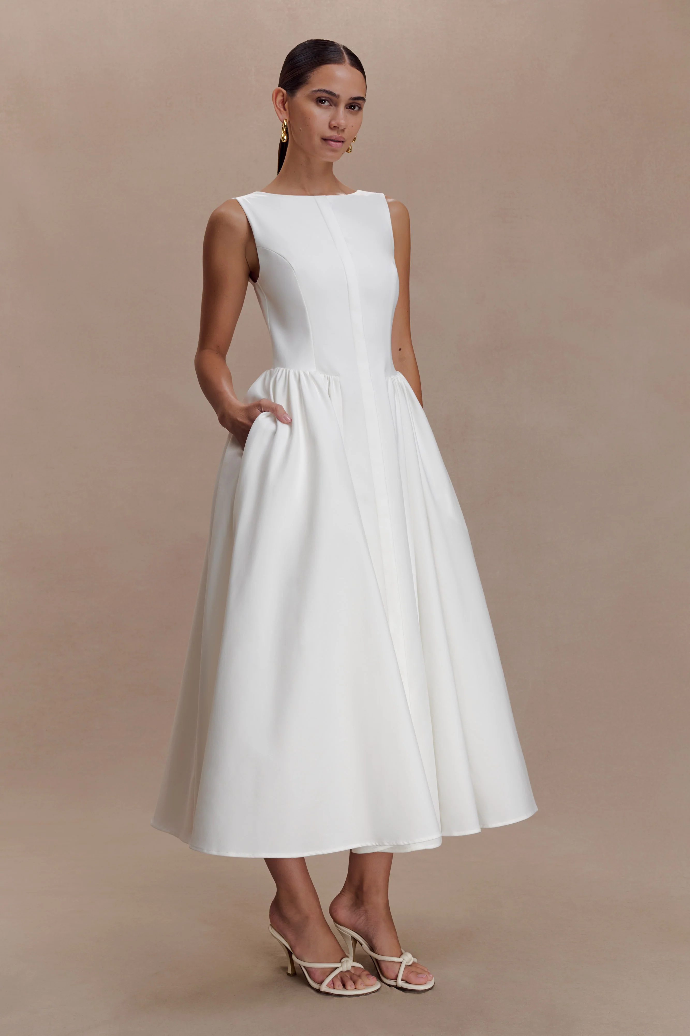 Monika Gathered Waist Cotton Midi Dress - White - Image 4