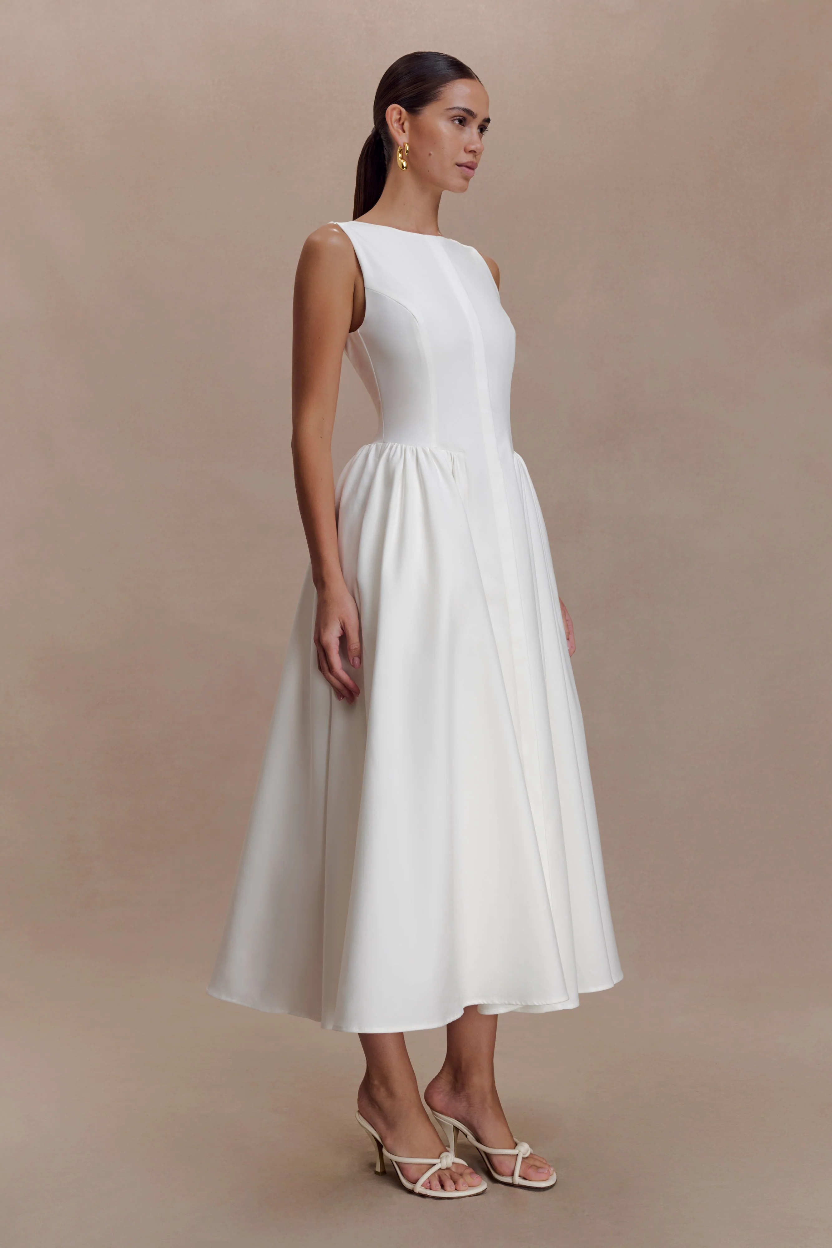 Monika Gathered Waist Cotton Midi Dress - White - Image 6