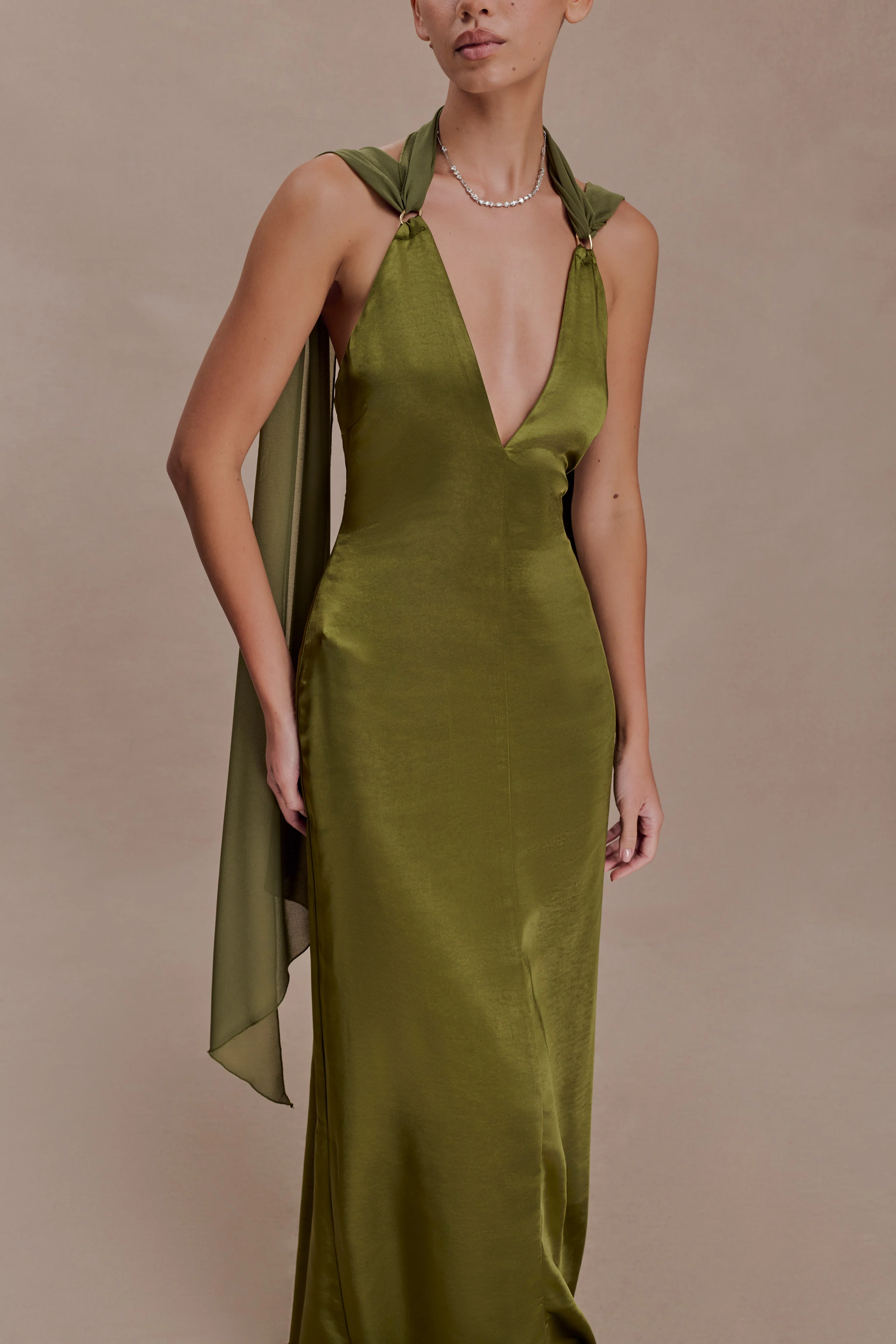 Myla Draped Shoulders Satin Maxi Dress - Khaki - Image 3