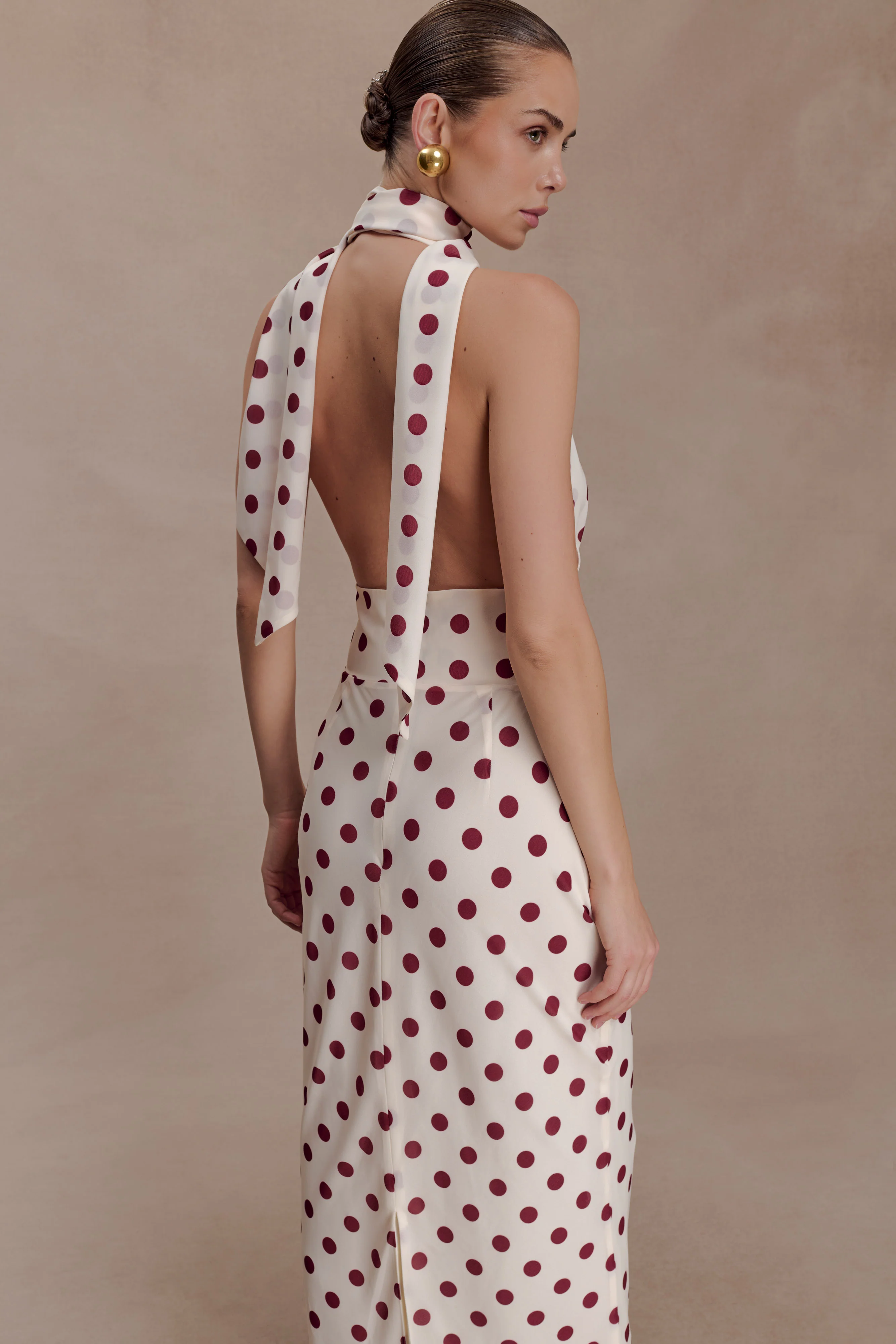 Nadine Halter Chiffon Maxi Dress - Ivory/Merlot Polka Dot - Image 3