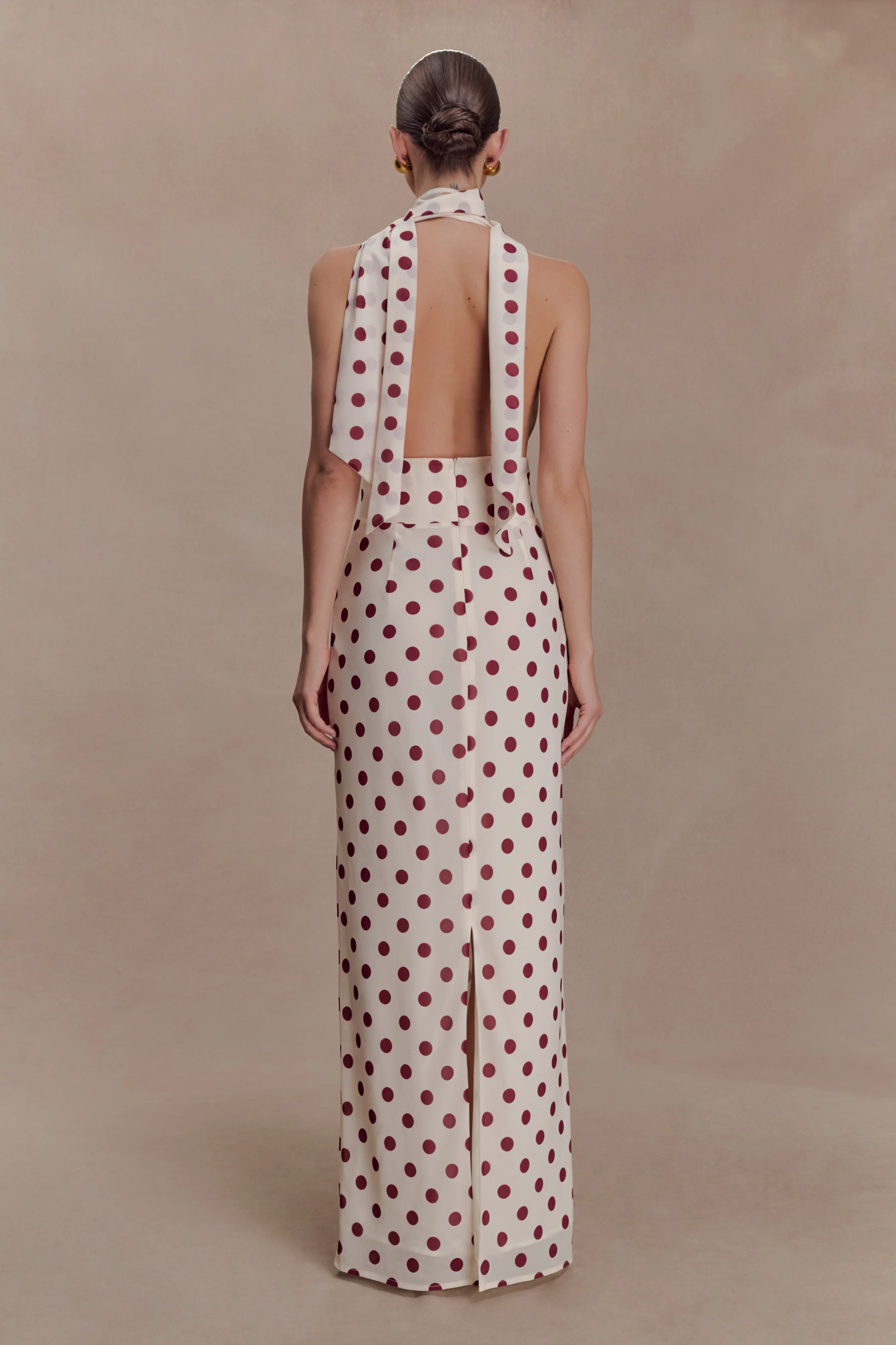Nadine Halter Chiffon Maxi Dress - Ivory/Merlot Polka Dot - Image 4