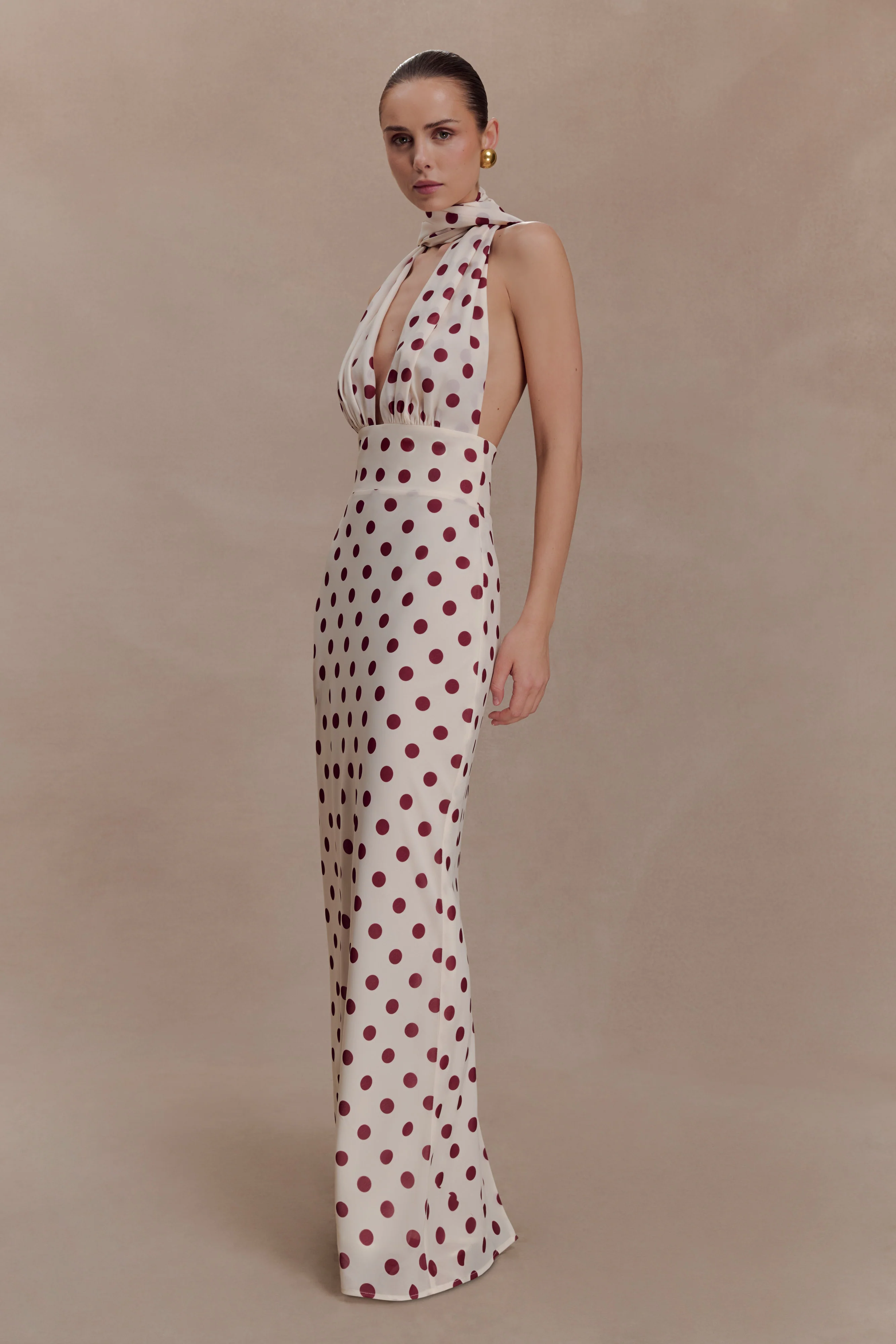Nadine Halter Chiffon Maxi Dress - Ivory/Merlot Polka Dot - Image 5