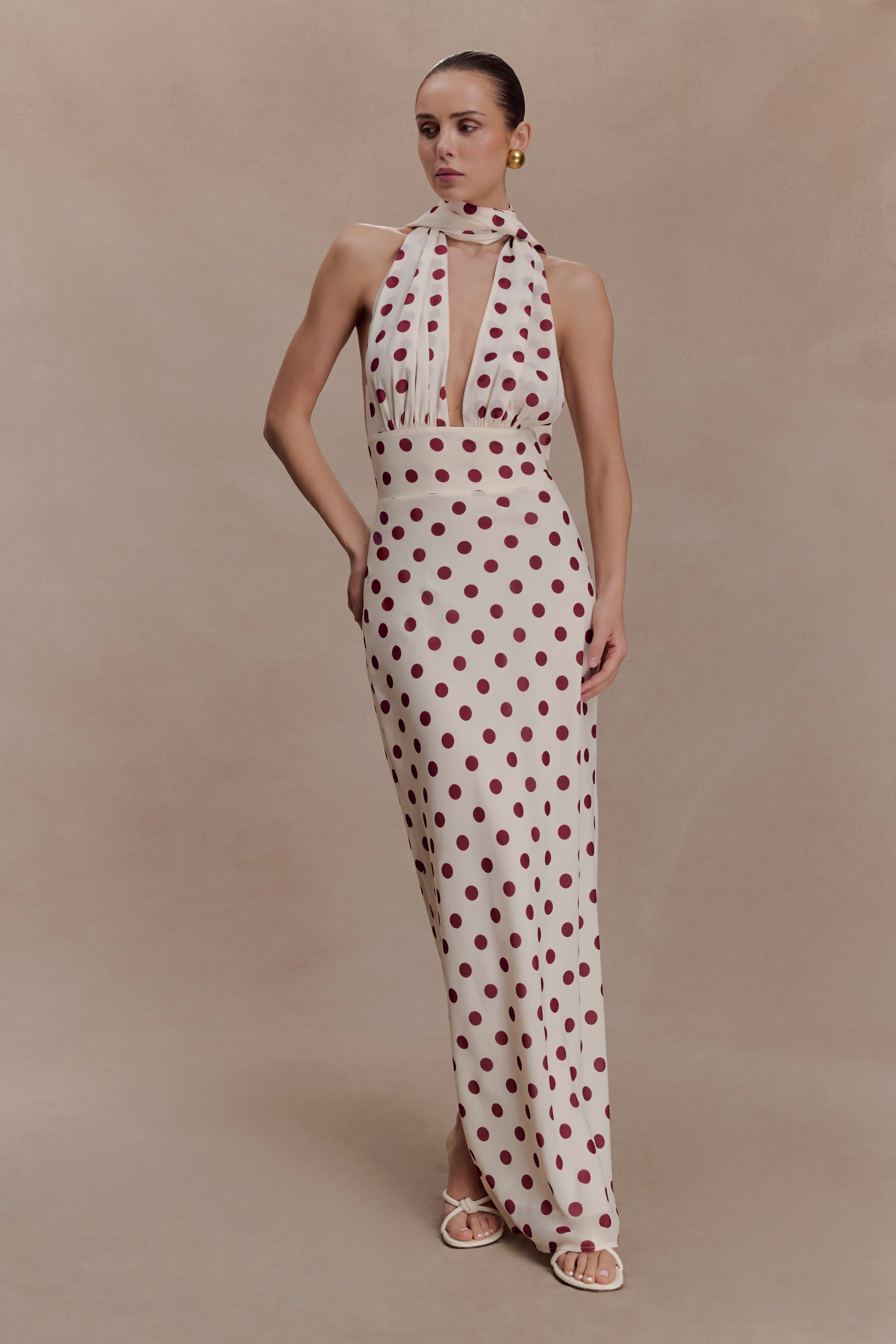 Nadine Halter Chiffon Maxi Dress - Ivory/Merlot Polka Dot - Image 6