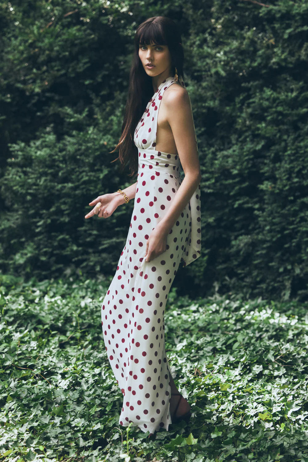 Nadine Halter Chiffon Maxi Dress - Ivory/Merlot Polka Dot - Image 7
