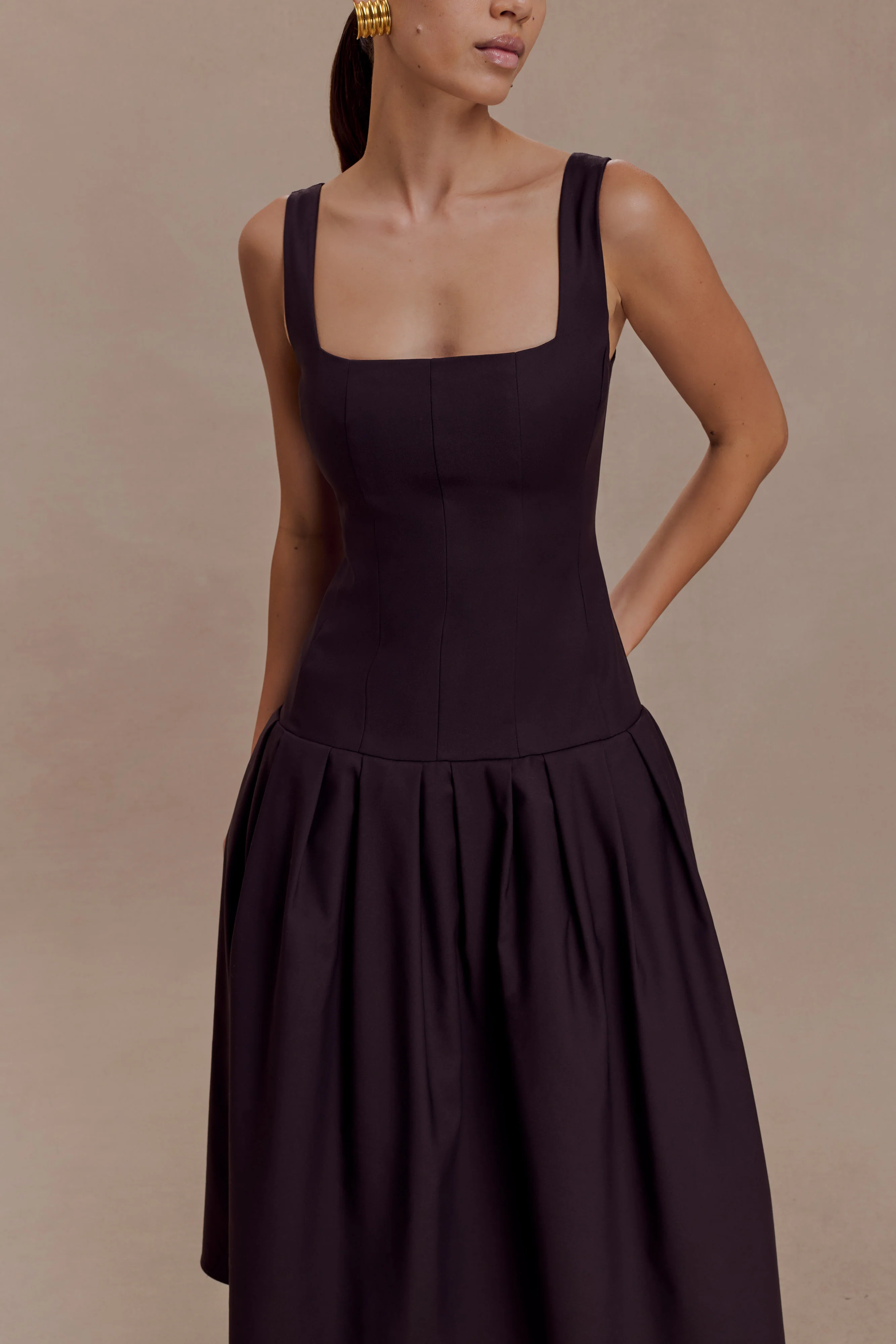 Natascha Drop Waist Cotton Midi Dress - Chocolate - Image 3