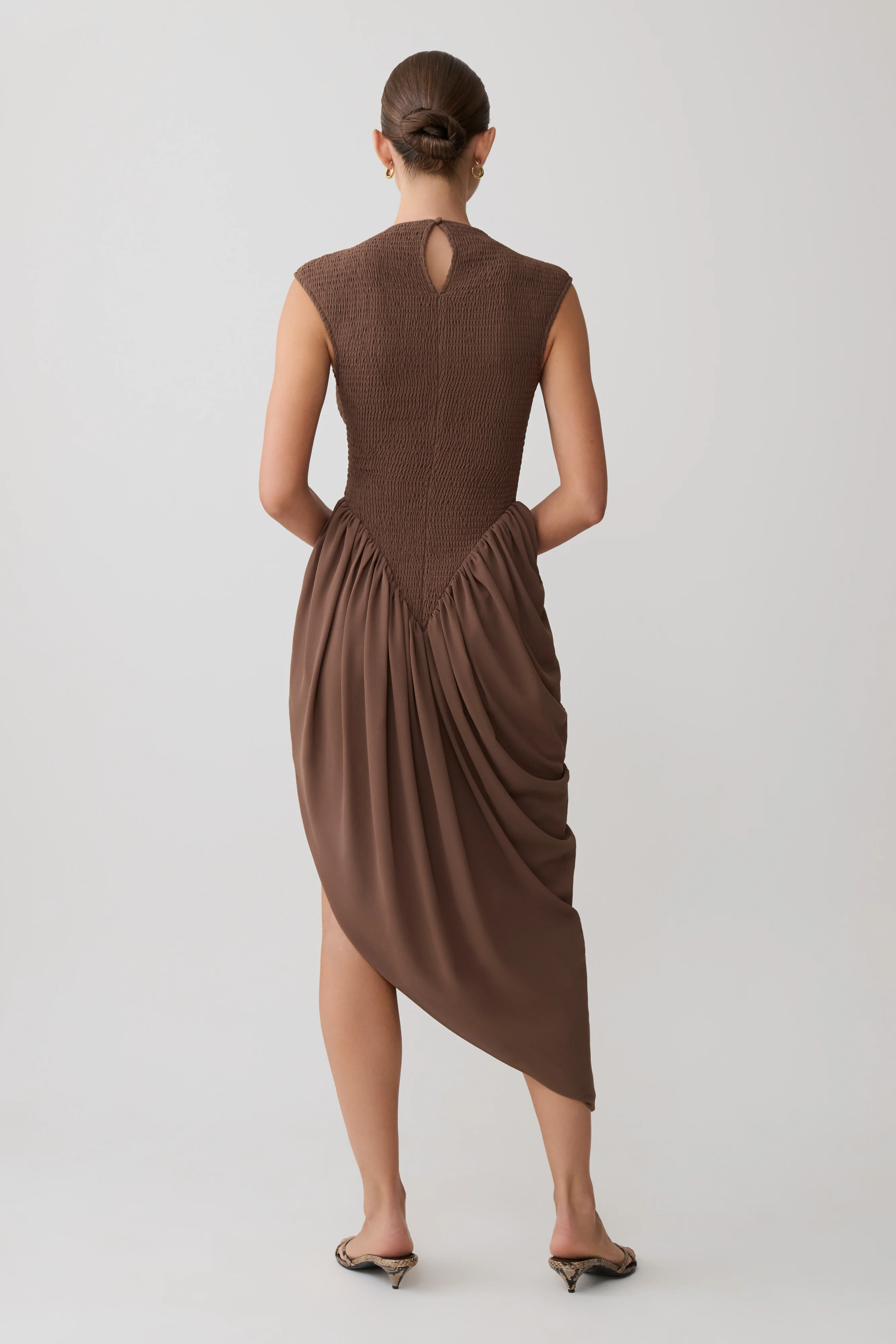 Nola Shirred Asymmetric Midi Dress - Mocha - Image 4