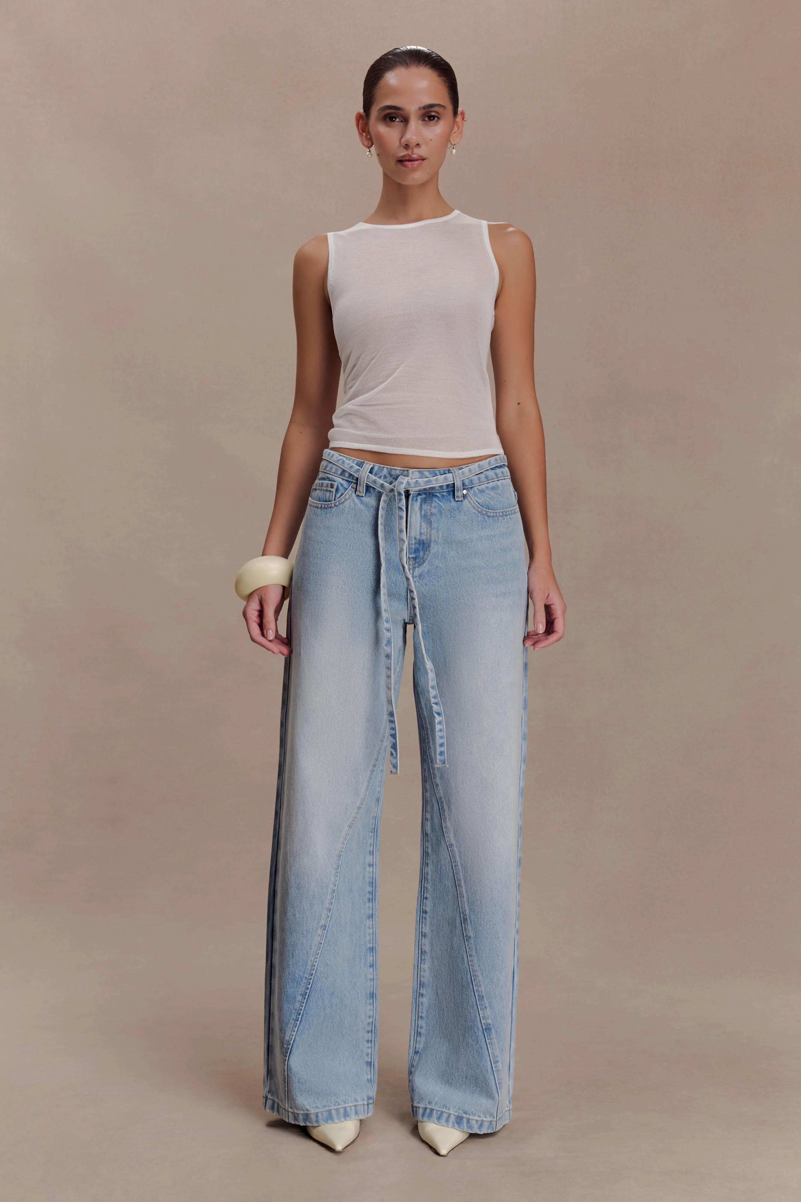 Perrie Mid Rise Straight Leg Tie Jeans - Washed Light Blue - Image 3