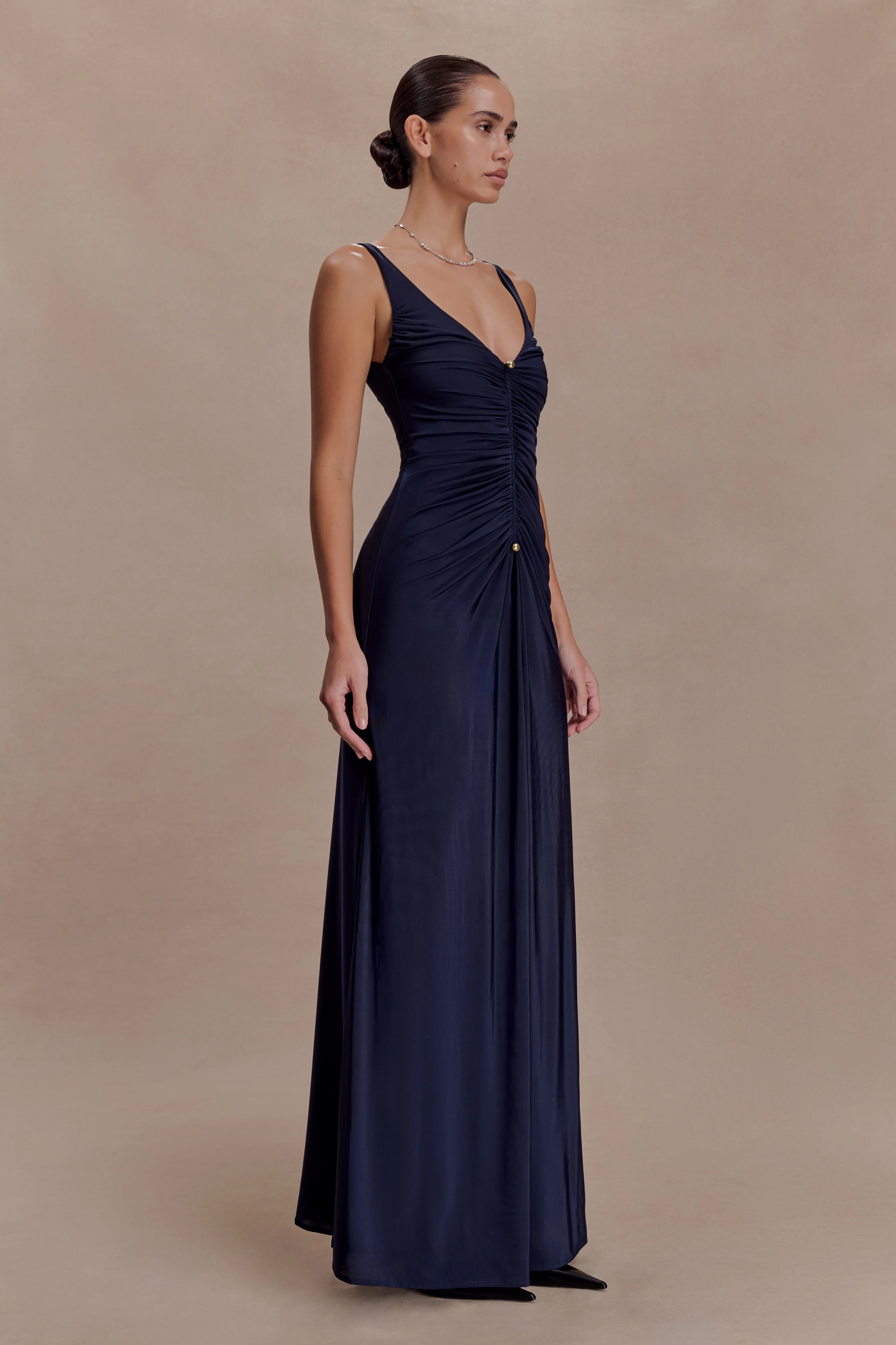 Perrie Slinky Ruched Maxi Dress - Ink Blue - Image 4