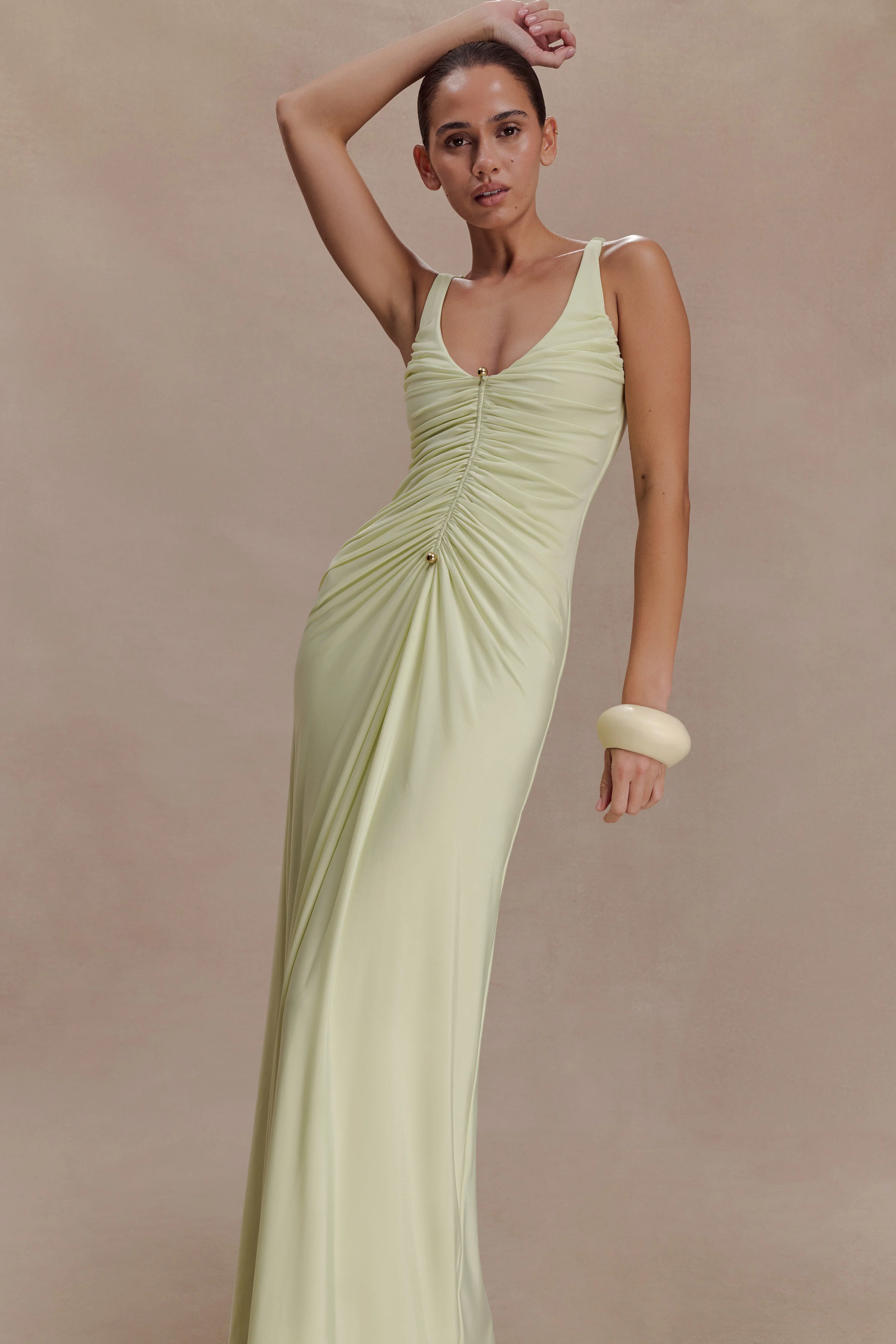 Perrie Slinky Ruched Maxi Dress - Pastel Lime - Image 3