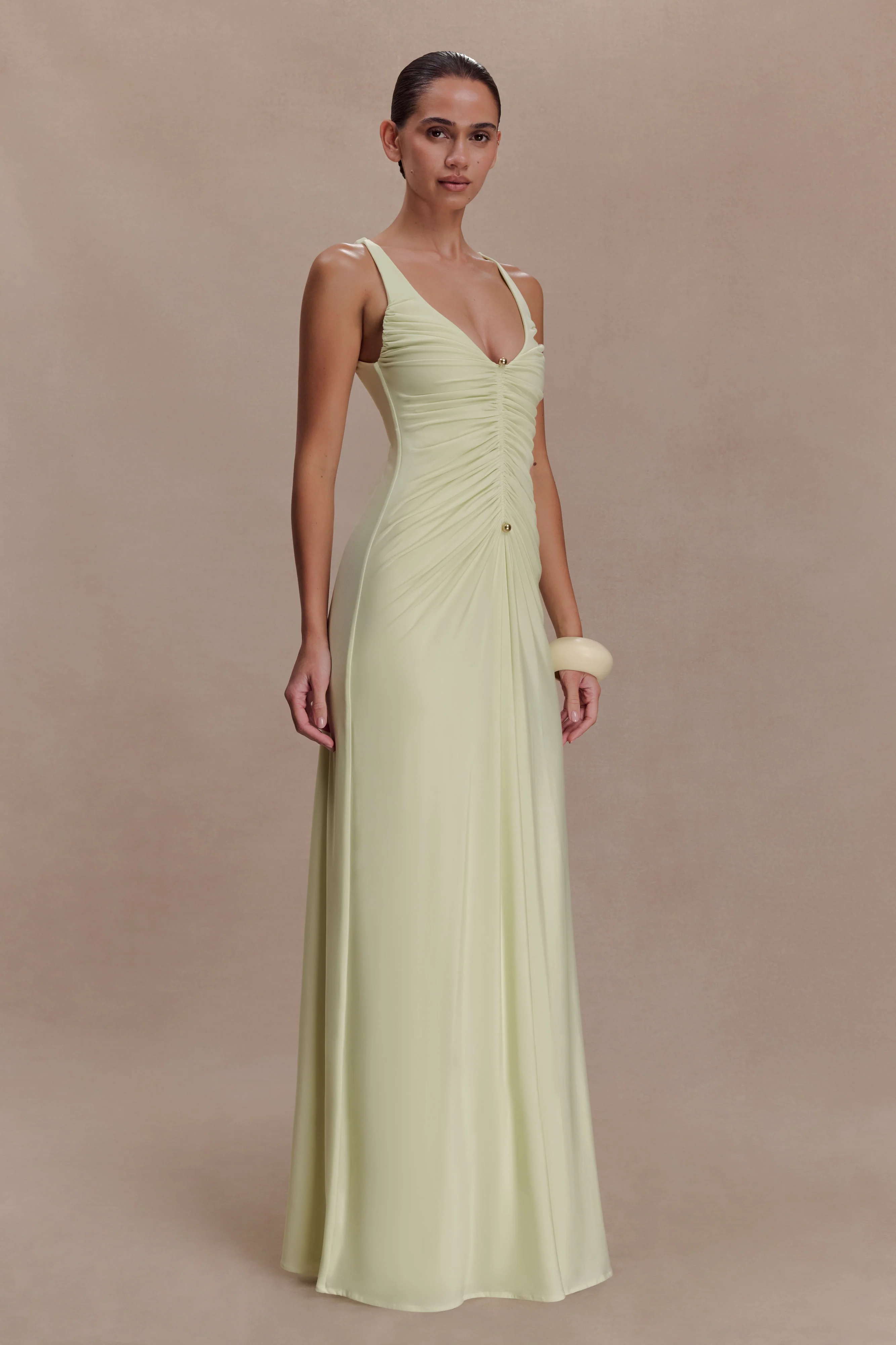 Perrie Slinky Ruched Maxi Dress - Pastel Lime - Image 4