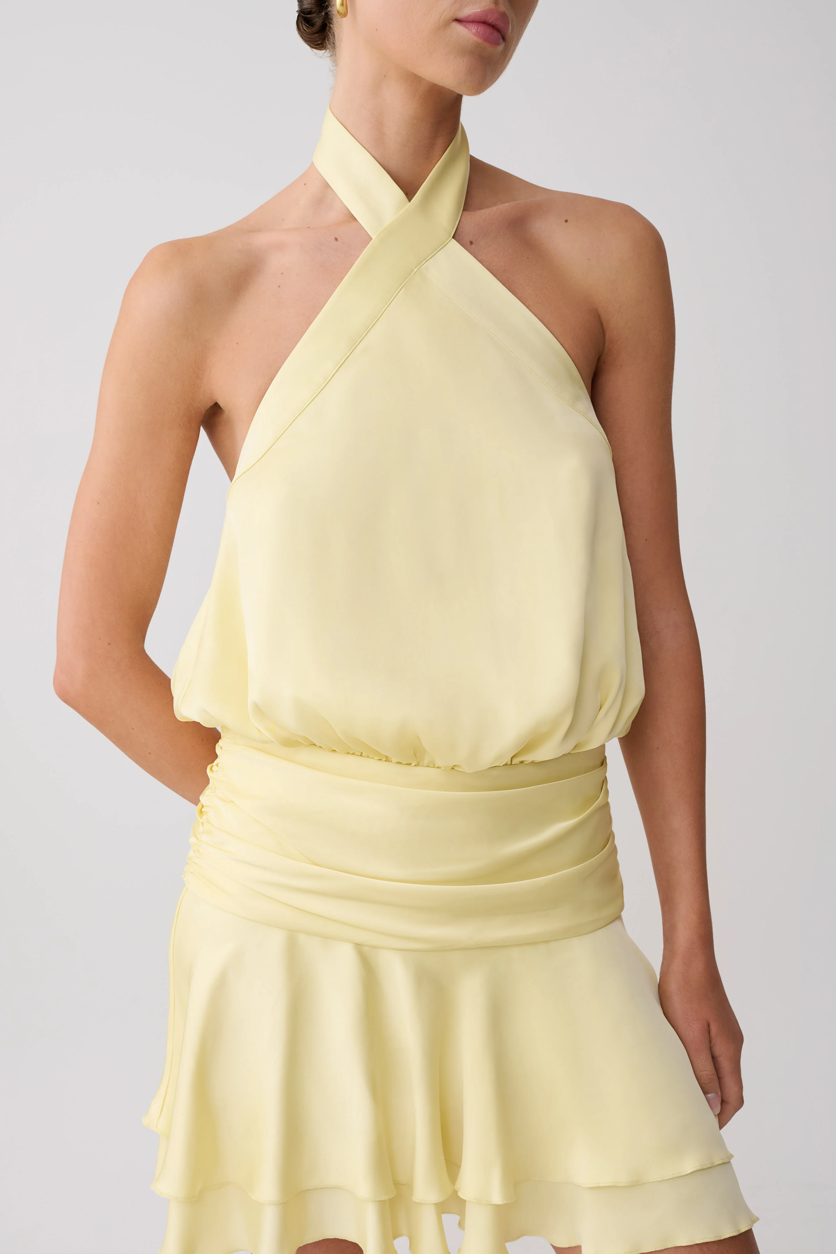Poppy Satin Halter Mini Dress - Lemon - Image 3