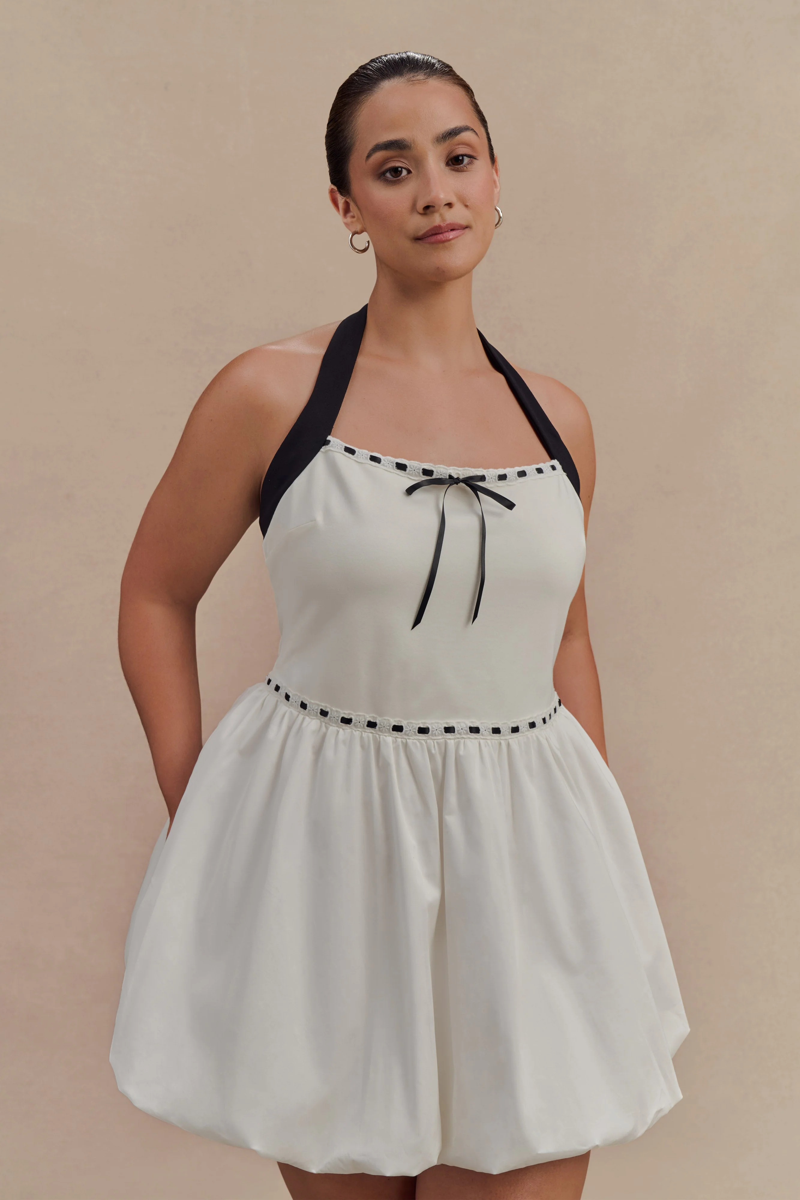 Queenie Halter Bubble Mini Dress - Black/White - Image 6