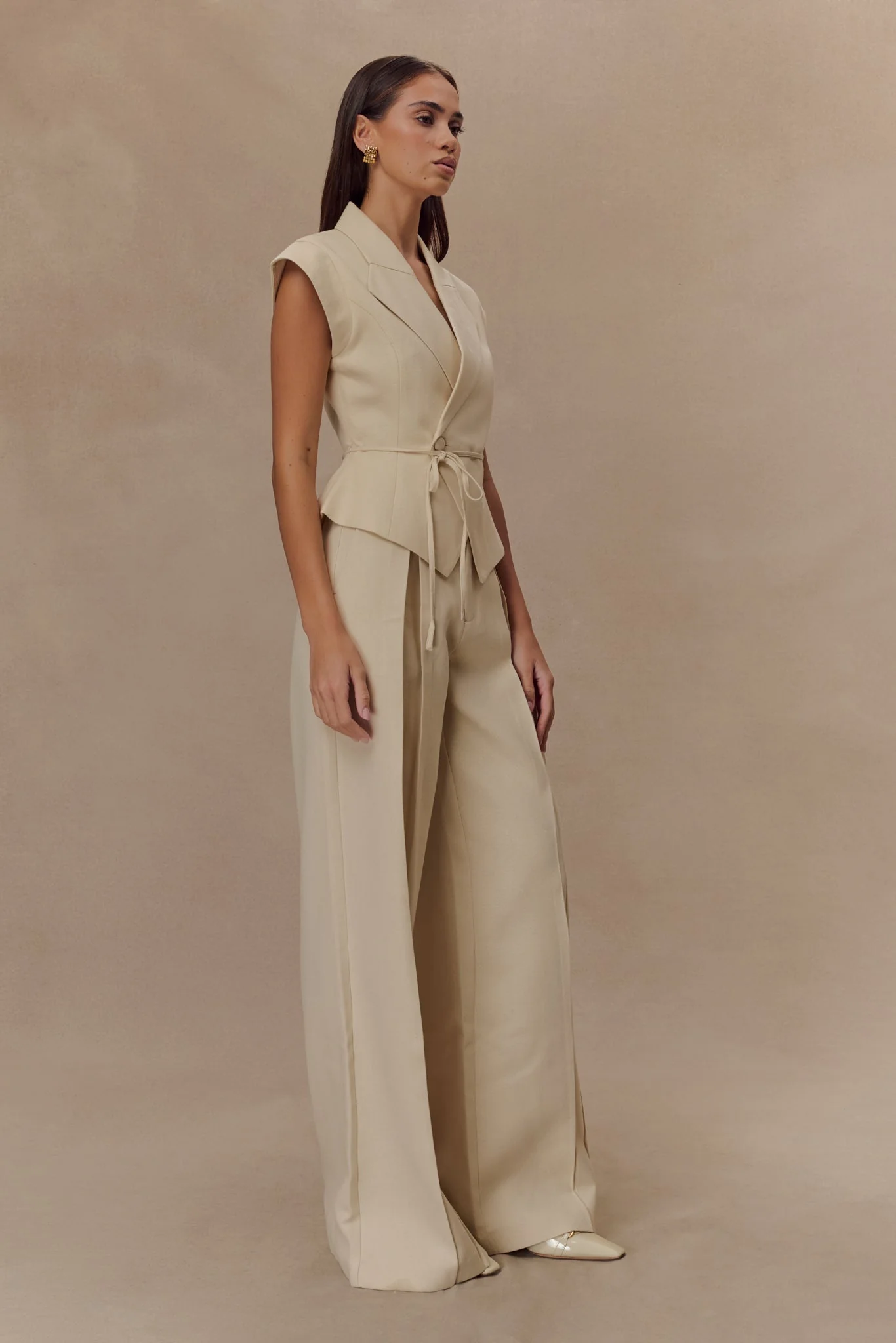 Raya Mid Rise Wide Leg Linen Pant - Natural Beige - Image 3