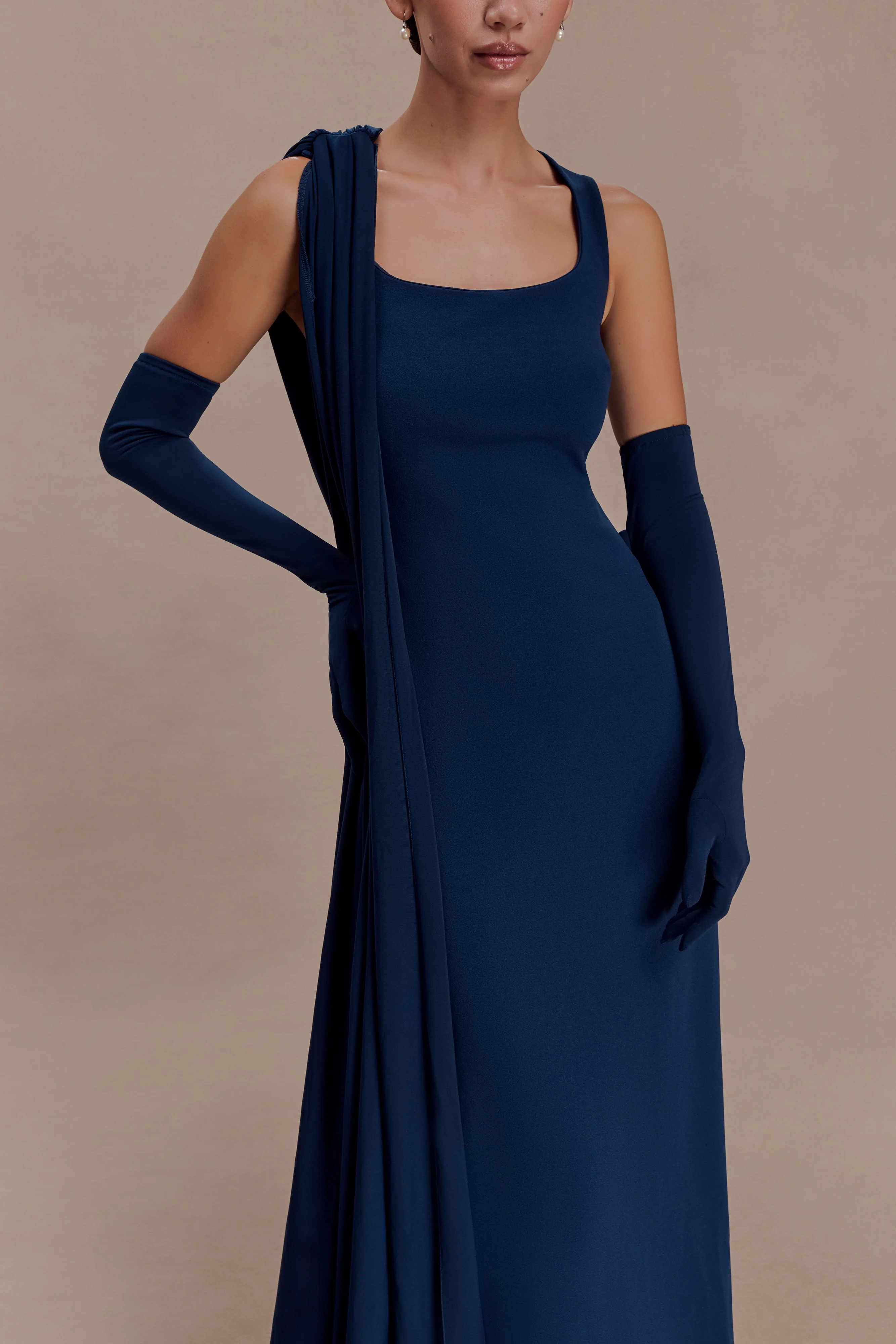Rhea Detachable Cape Jersey Maxi Dress - Navy - Image 3