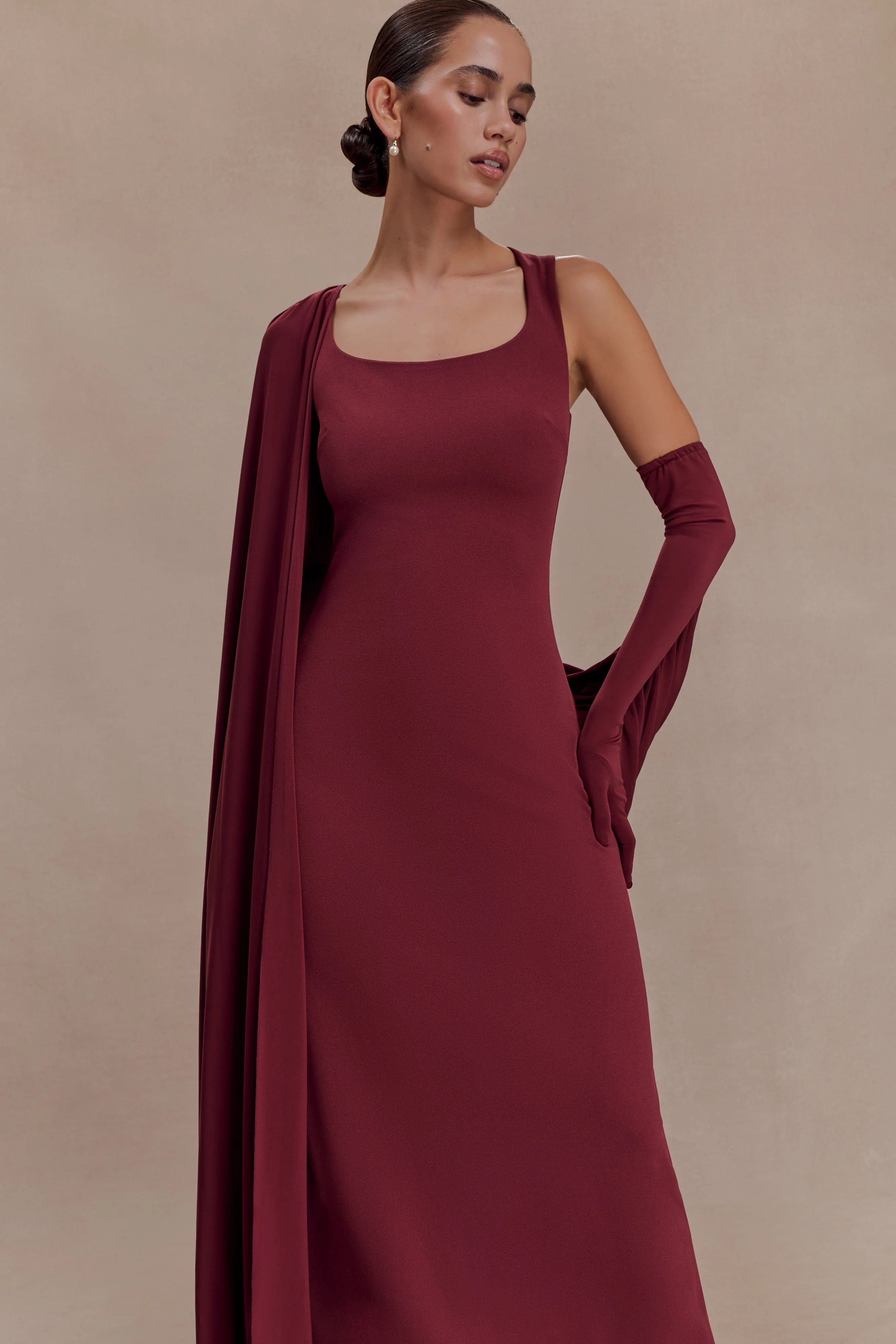 Rhea Detachable Cape Jersey Maxi Dress - Wine - Image 5