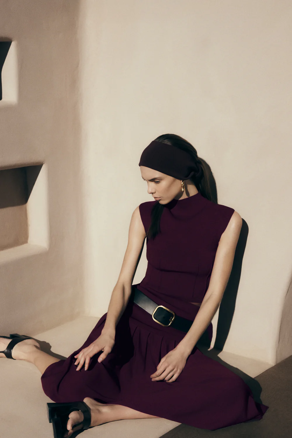 Romaine High Neck Bandage Knit Top - Wine - Image 8