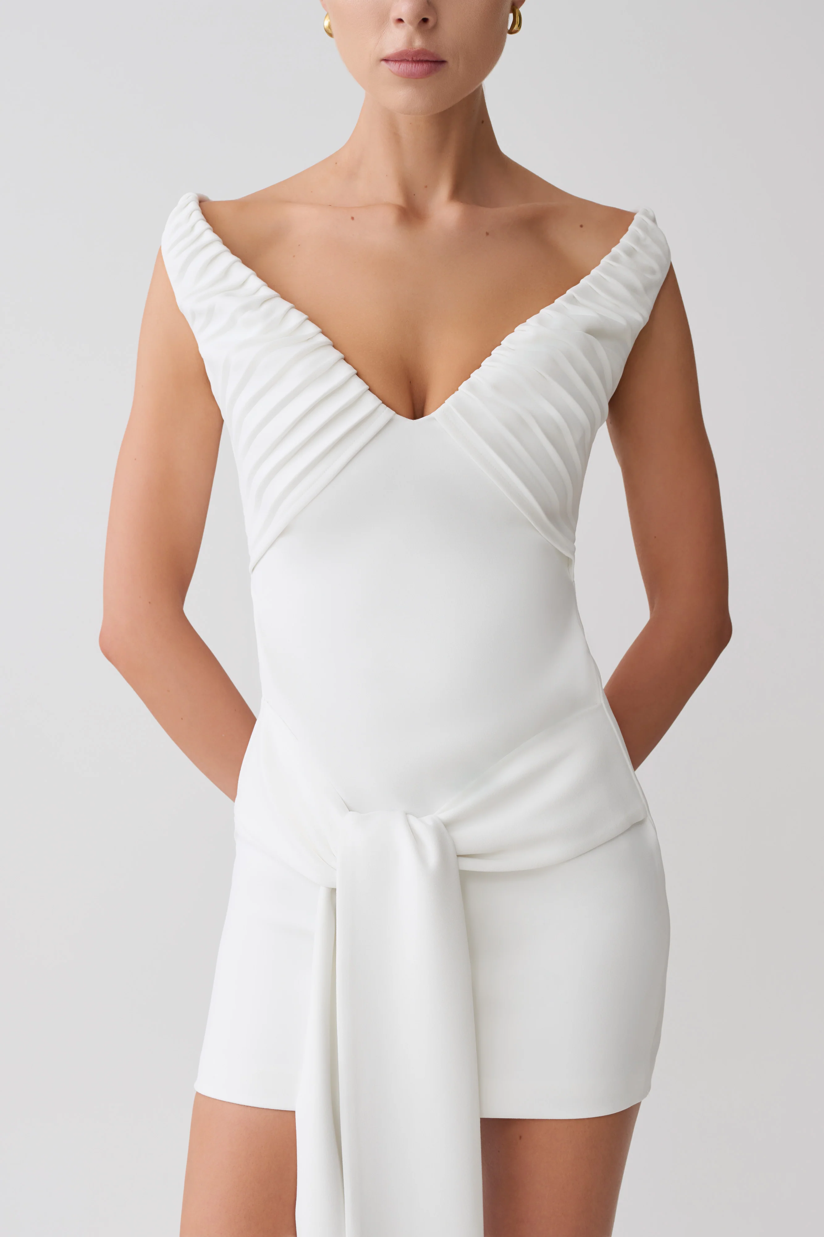 Runa Off Shoulder Mini Dress With Waist Tie - White - Image 6