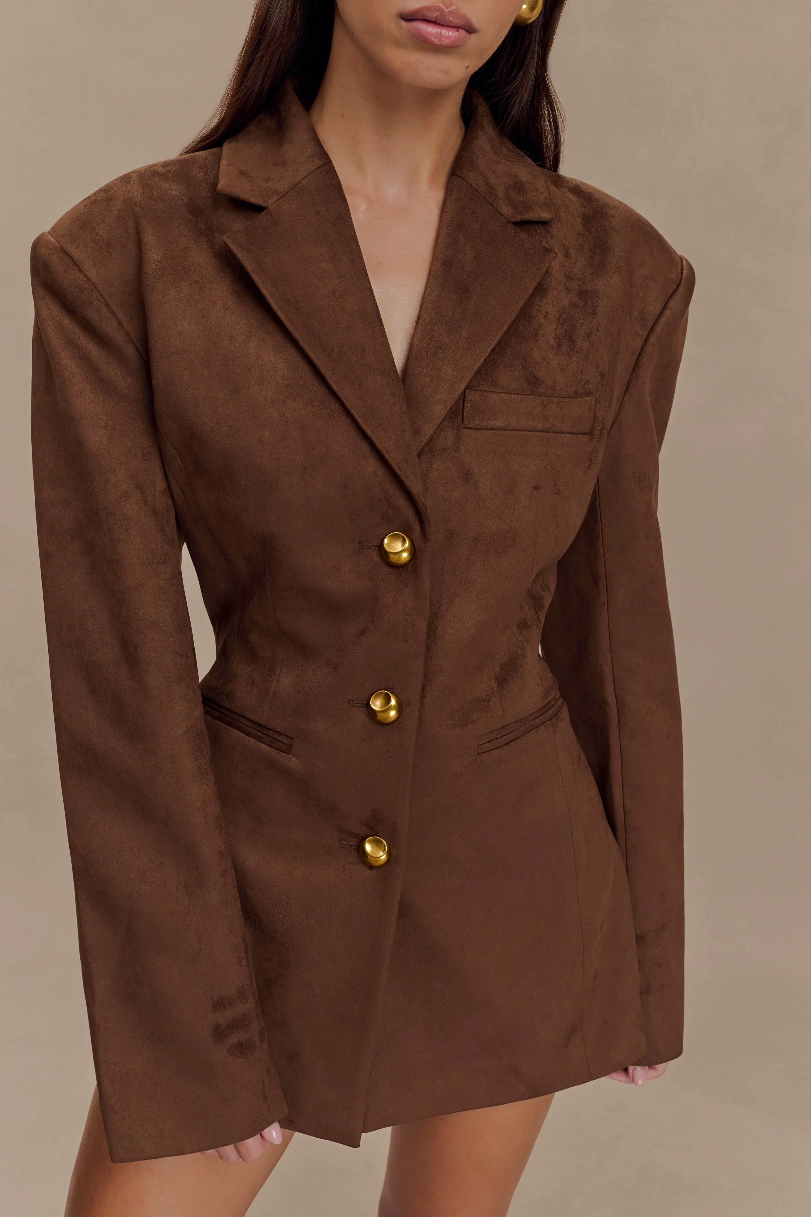 Sally Faux Suede Cinched Blazer - Milk Chocolate - Image 3