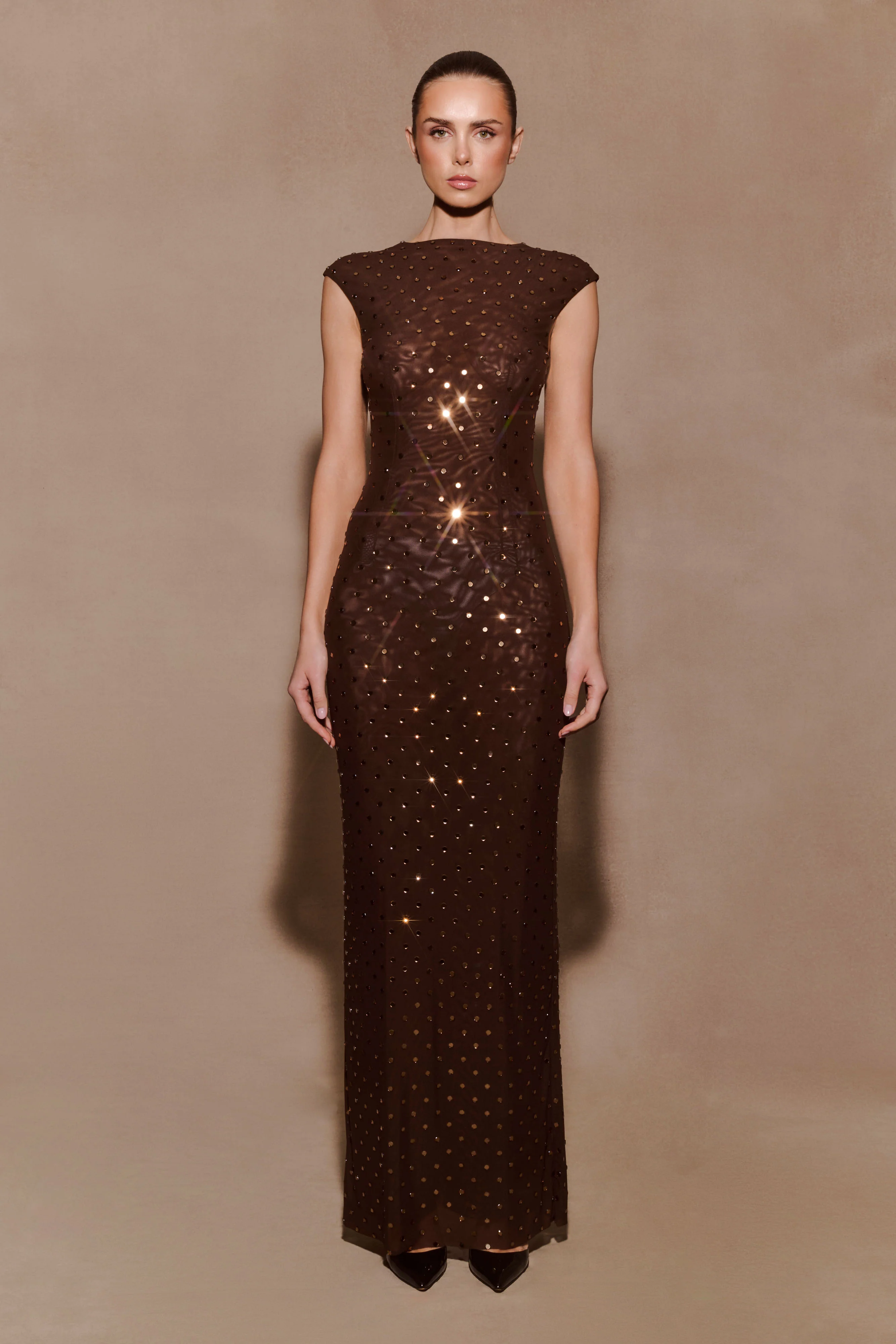 Samara Sleeveless Diamante Maxi Dress - Chocolate - Image 9