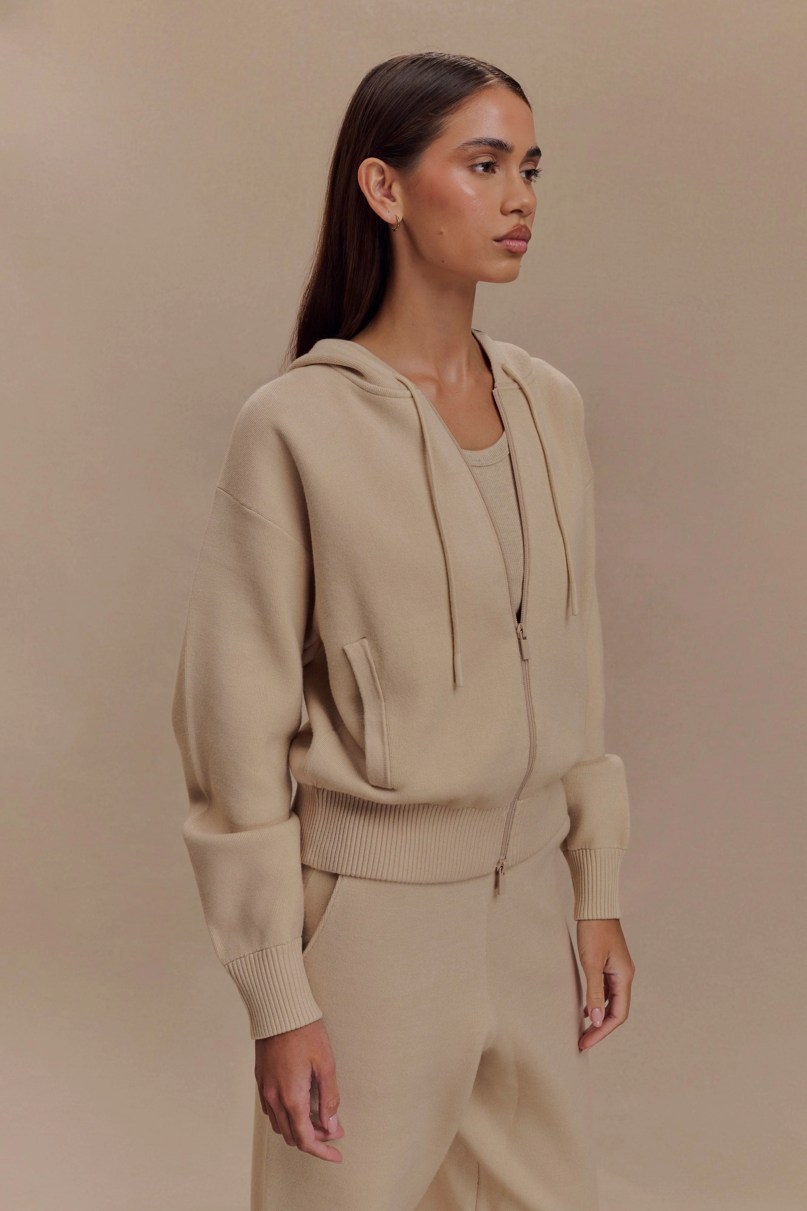 Sami Zip Front Knit Hoodie - Camel - Image 4