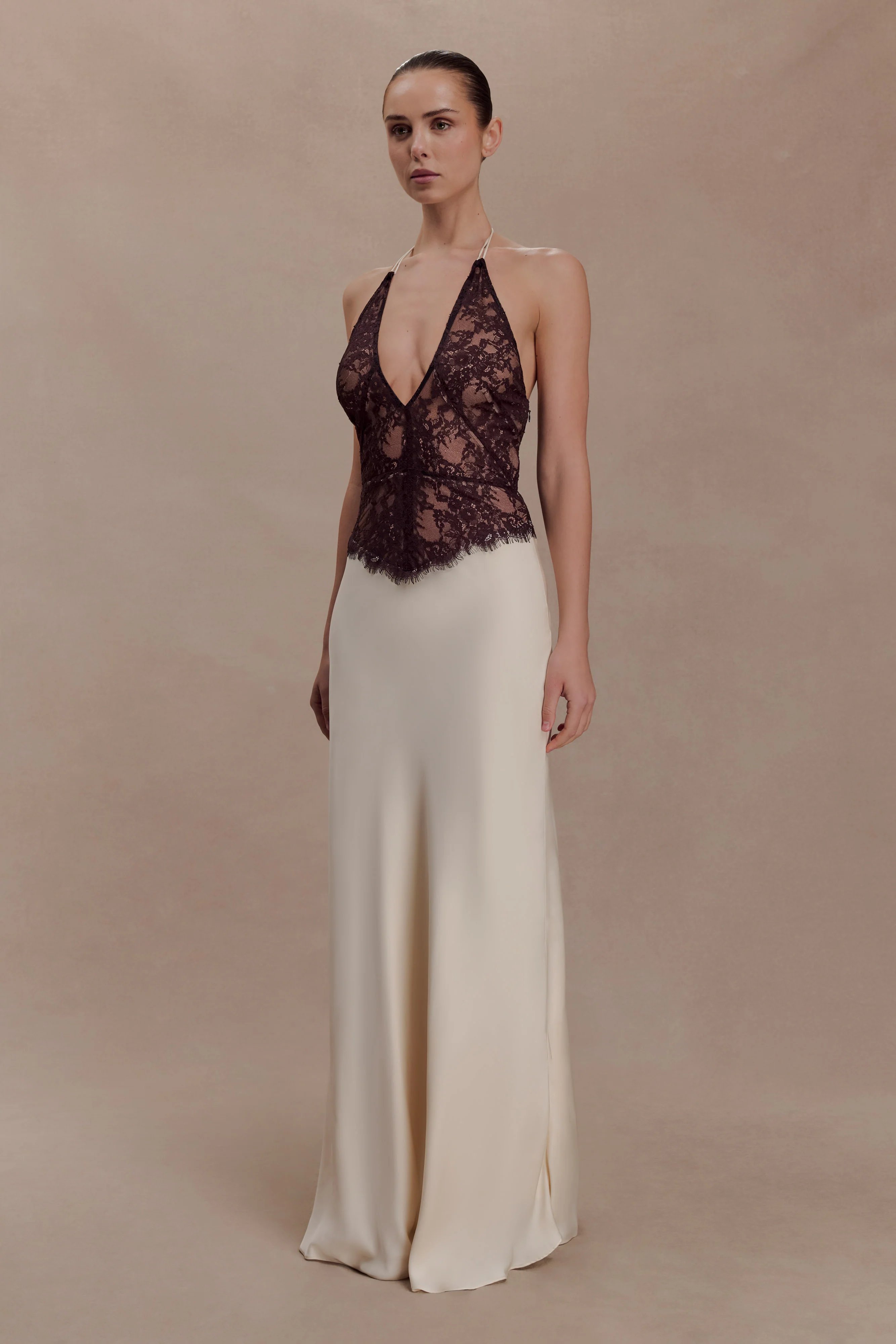 Sascha Lace And Satin Halter Maxi Dress - Ivory/Chocolate - Image 4
