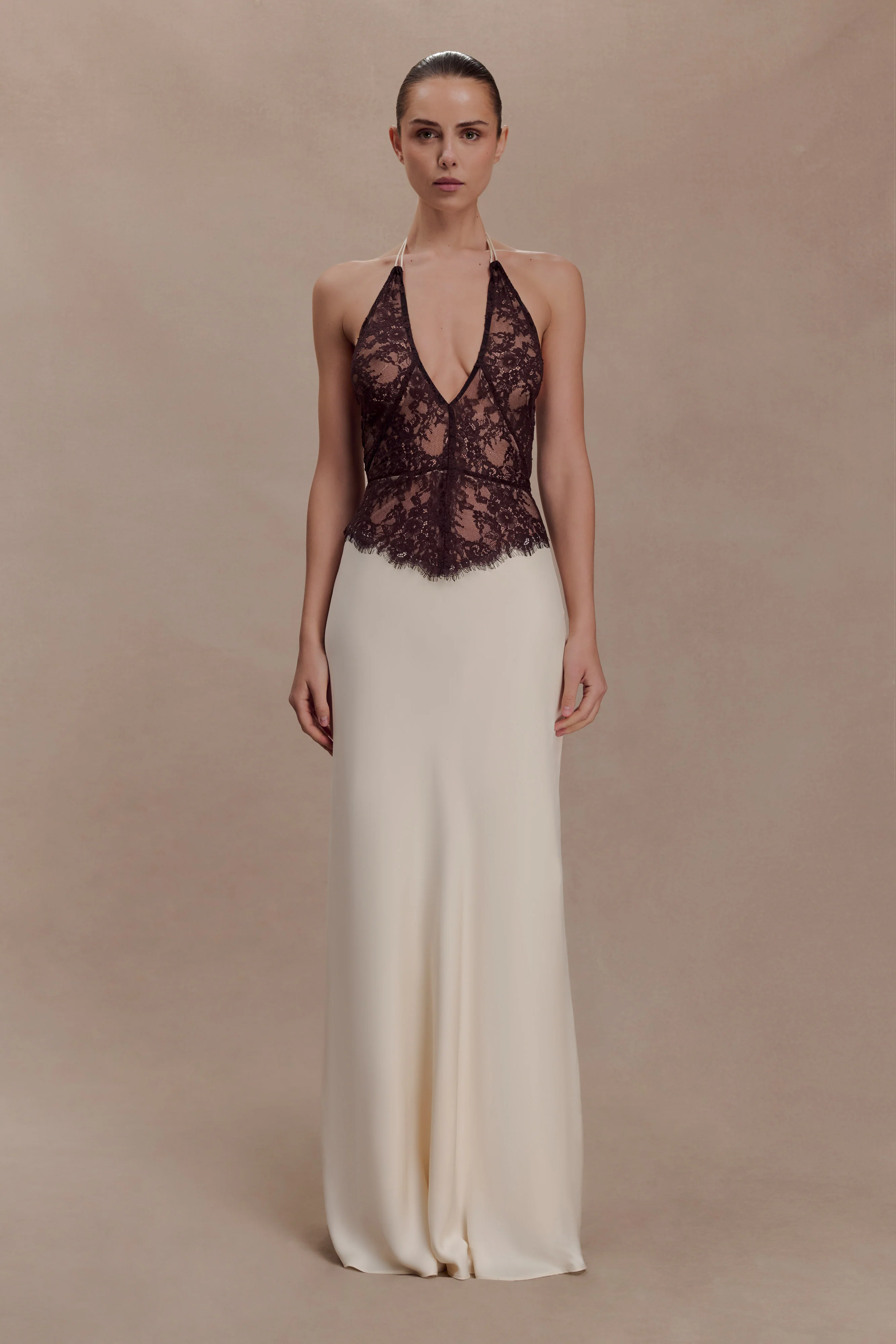 Sascha Lace And Satin Halter Maxi Dress - Ivory/Chocolate - Image 5