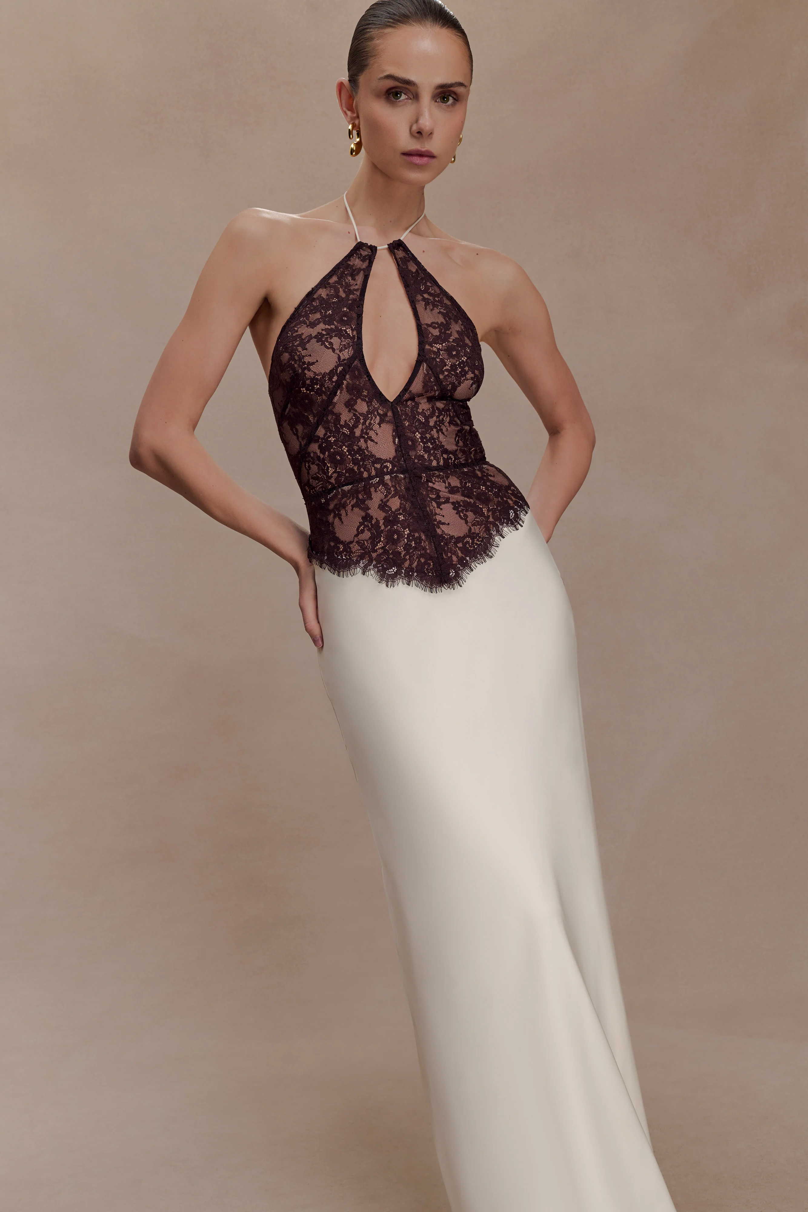 Sascha Lace And Satin Halter Maxi Dress - Ivory/Chocolate - Image 7